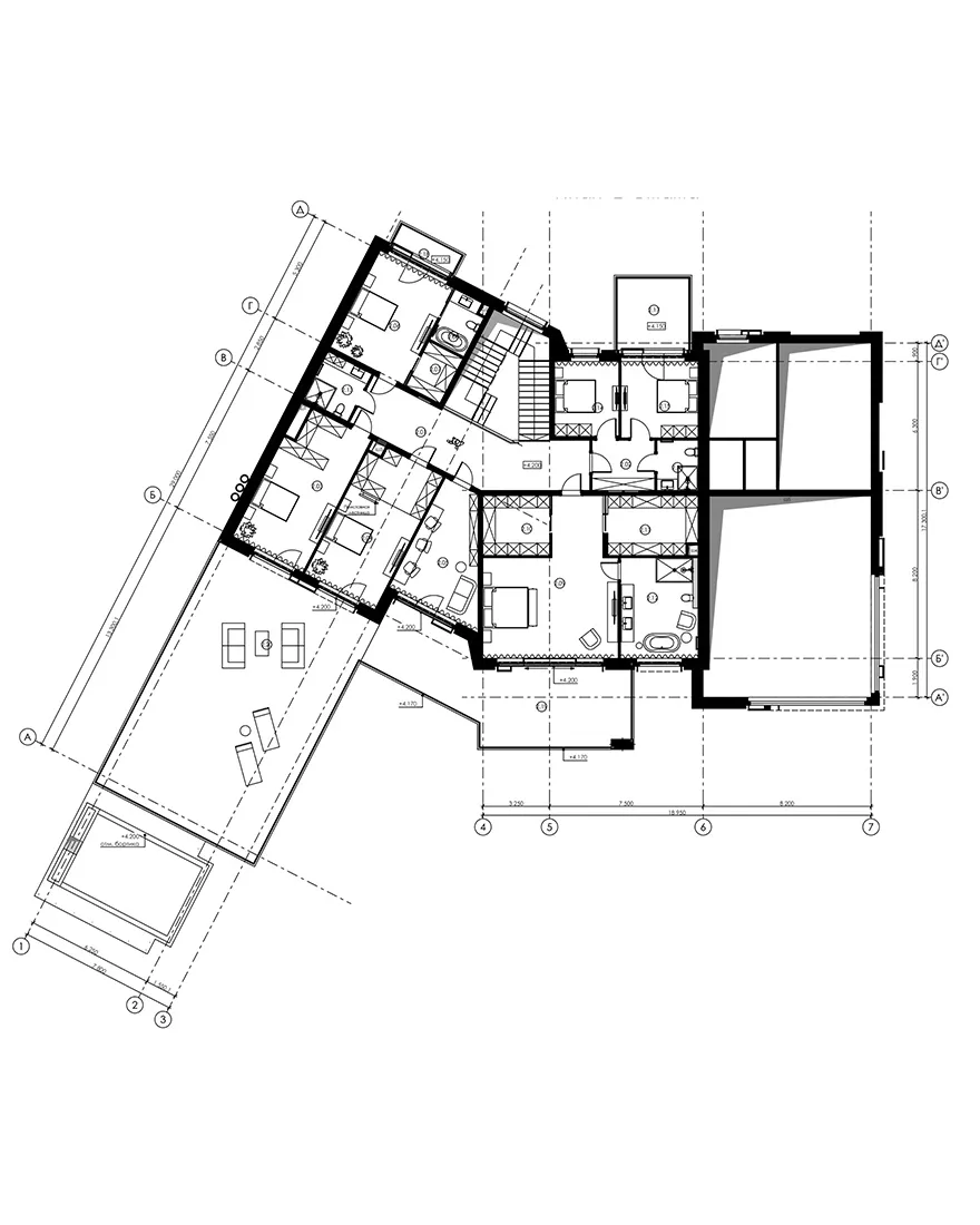A detailed blueprint of a modern house showing various rooms and layouts.