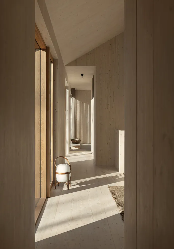 A minimalist modern hallway with wooden walls and flooring, featuring a white spherical lamp and a natural light atmosphere.