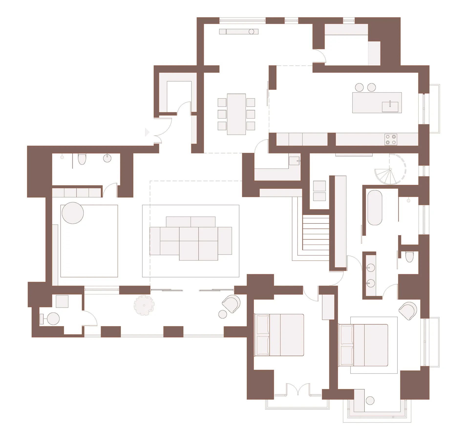A modern residential floor plan featuring a living room, kitchen, bedrooms, and bathrooms.