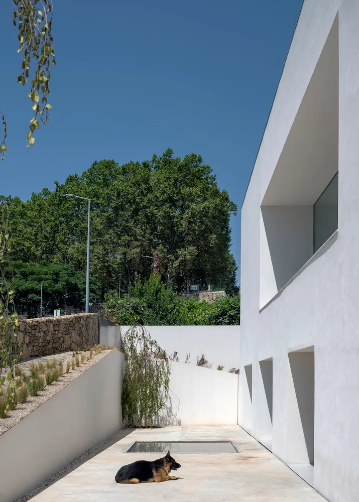 A sleek, modern house exterior with concrete walls and a garden.