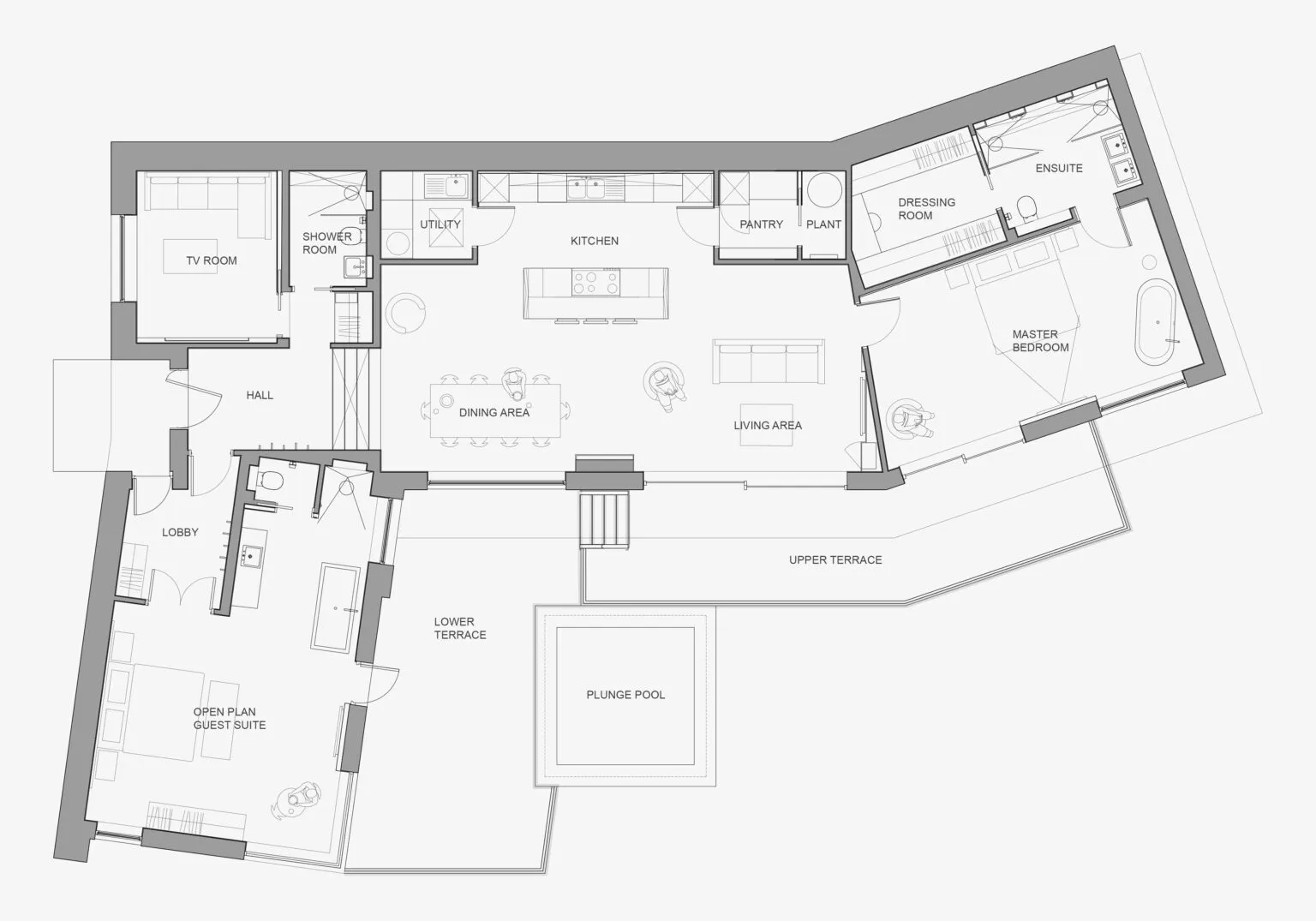 Floor plan of a modern residential living space with concrete finishes and open layout.