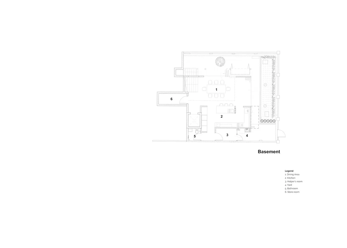 Floor plan of a basement with various functional zones like dining area, kitchen, helper's room, yard, bathroom, and store ro
