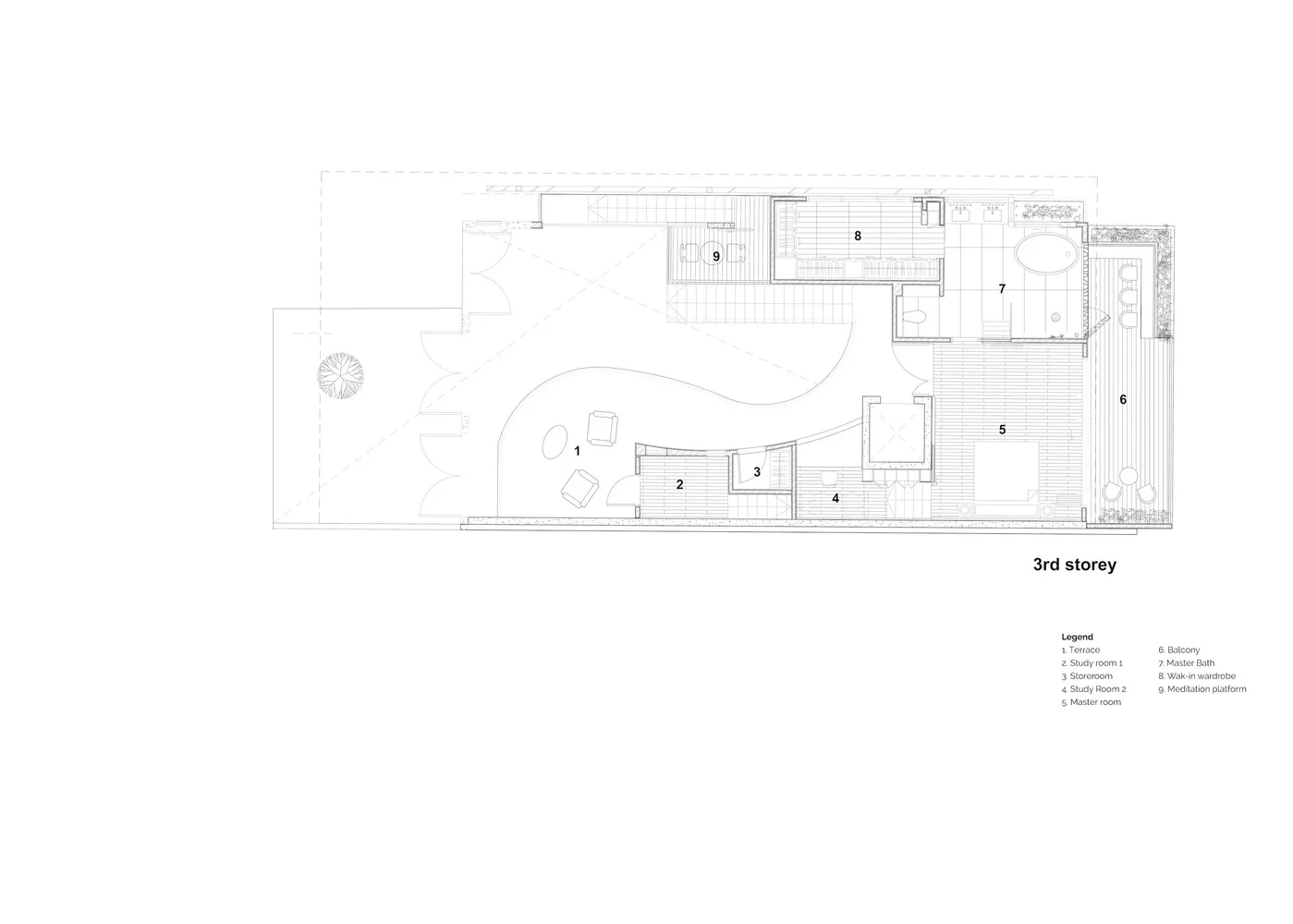 3rd story floor plan showing various rooms and areas such as balcony, study room, master bathroom, and meditation platform.