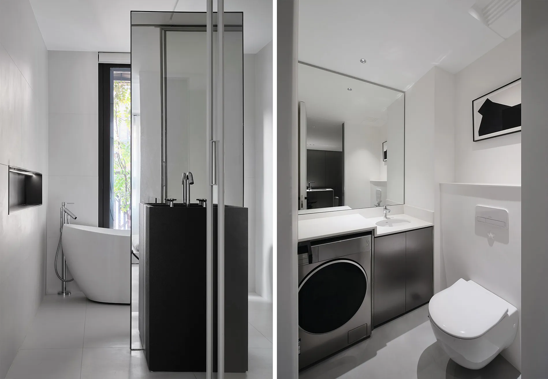 Modern bathroom suite featuring glass enclosure and metallic fixtures.