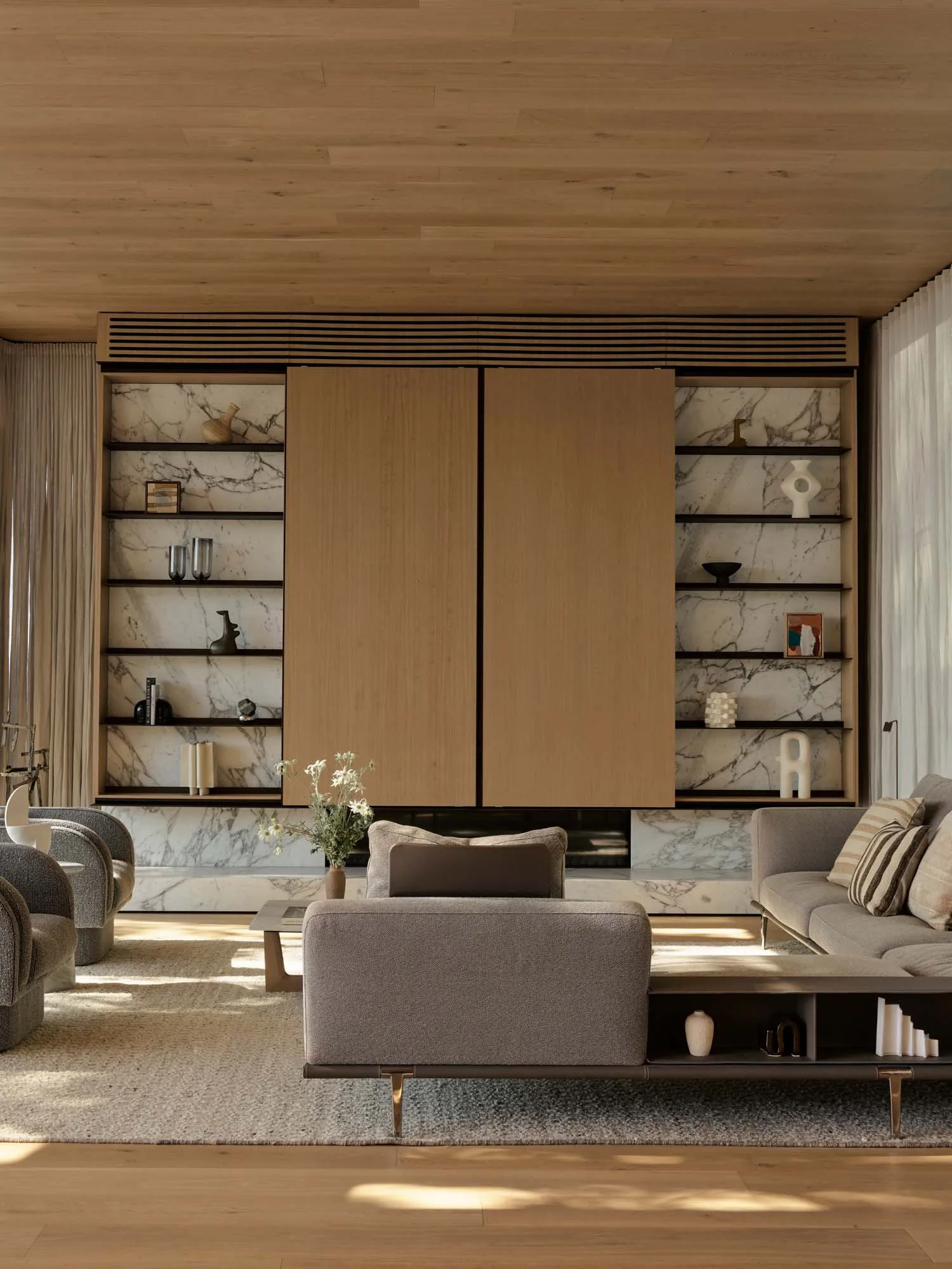 Contemporary living room featuring marble accents and wooden furnishings.