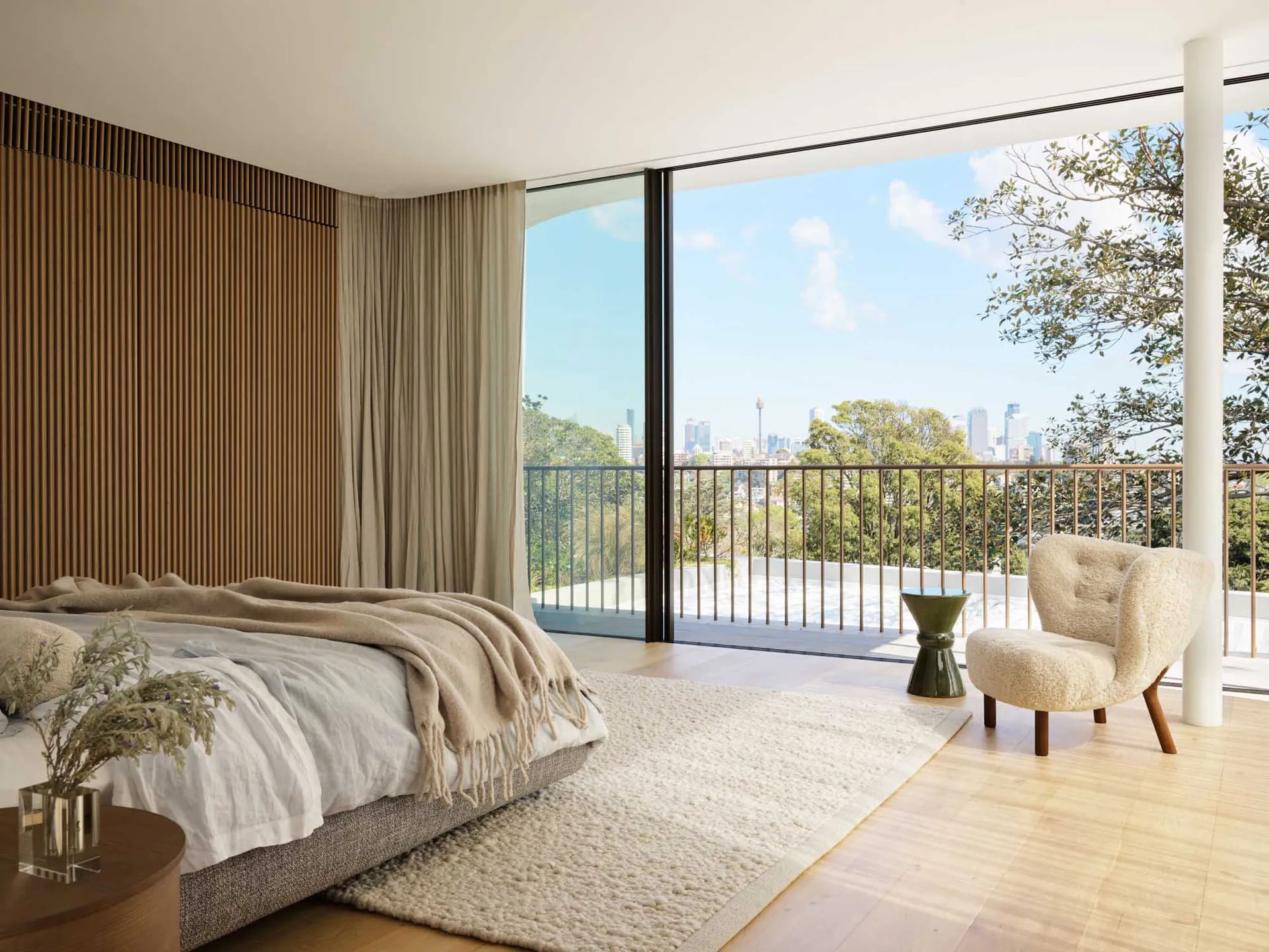 Modern bedroom with wooden walls, glass doors, and concrete flooring.