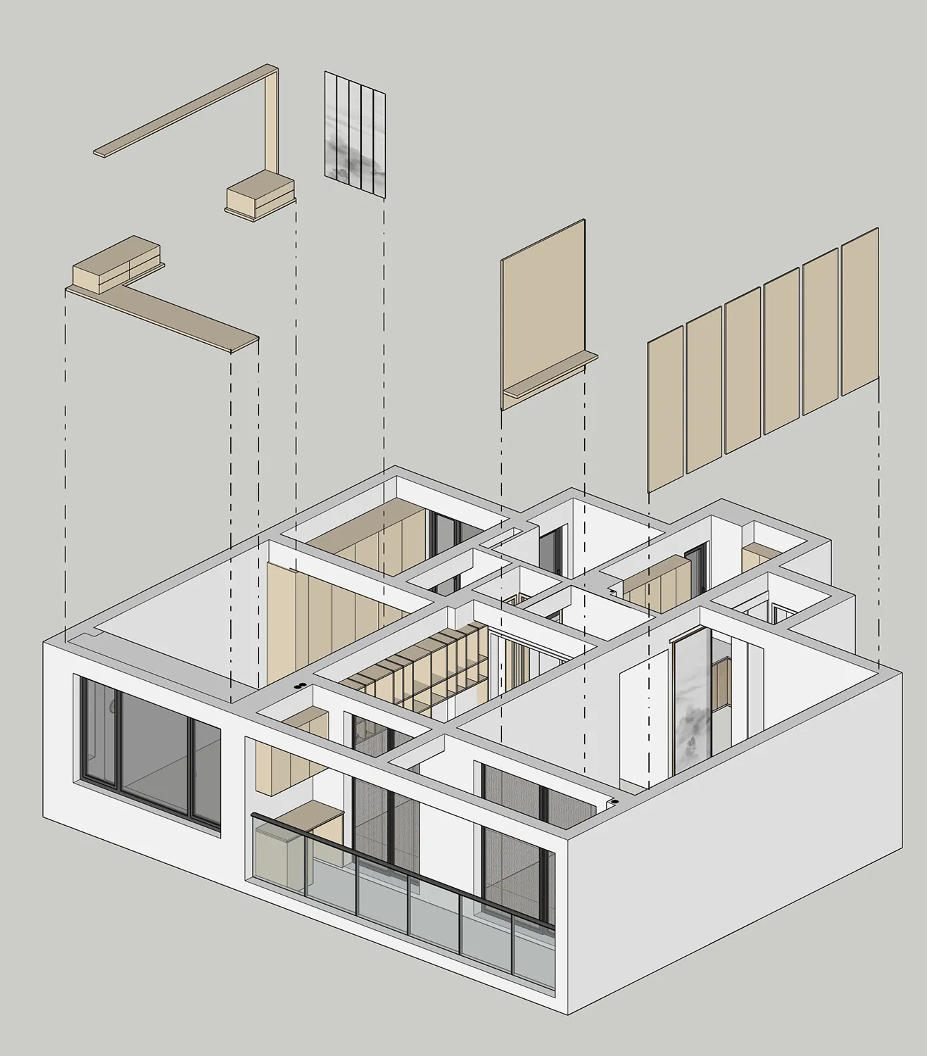 2D technical drawing of a modern interior design featuring concrete walls and floors.