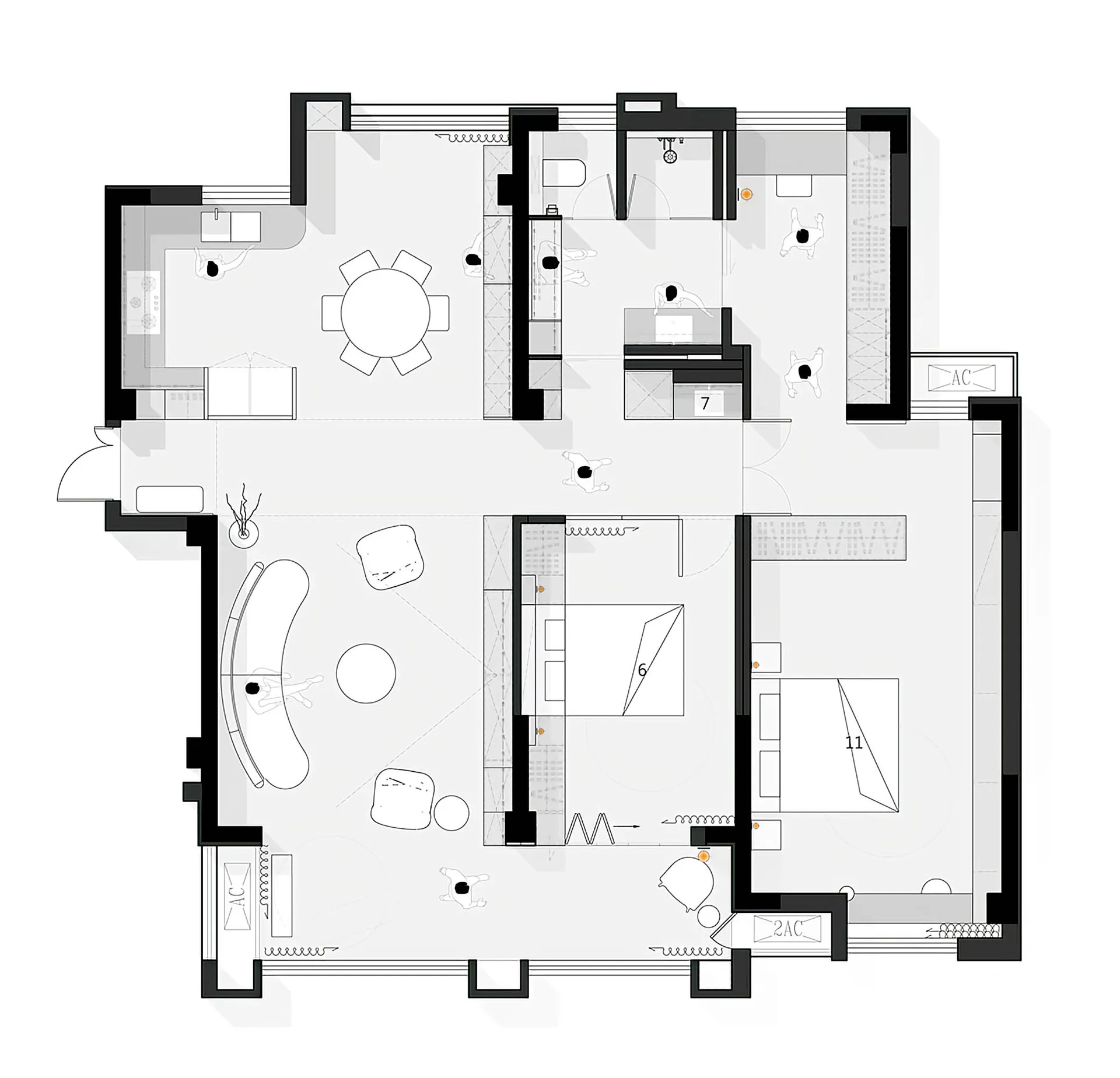 Floor plan of a modern home featuring an integrated open space layout with kitchen, dining, and living areas.