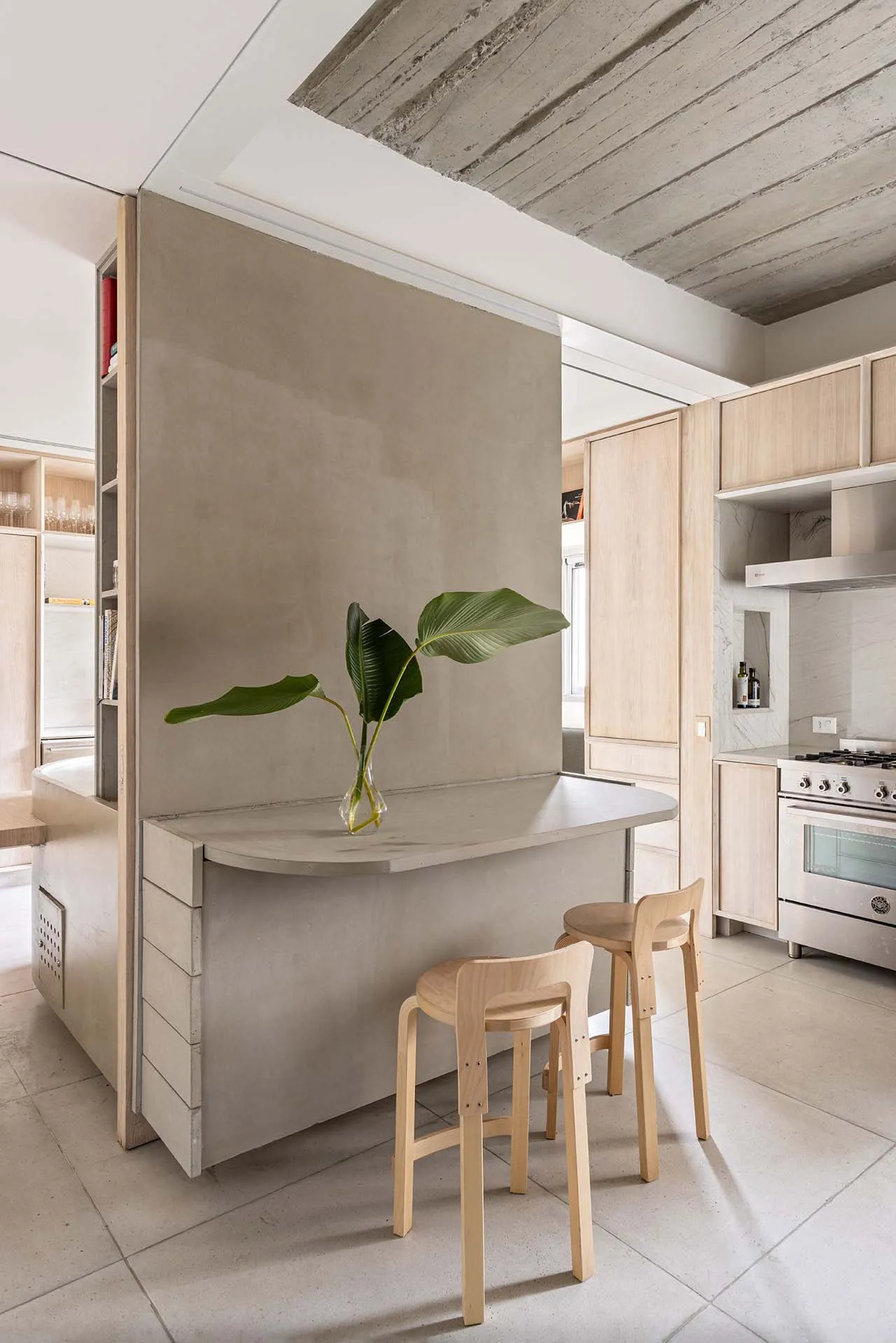 A modern kitchen features concrete walls and walnut furniture with a single plant on a bar counter.