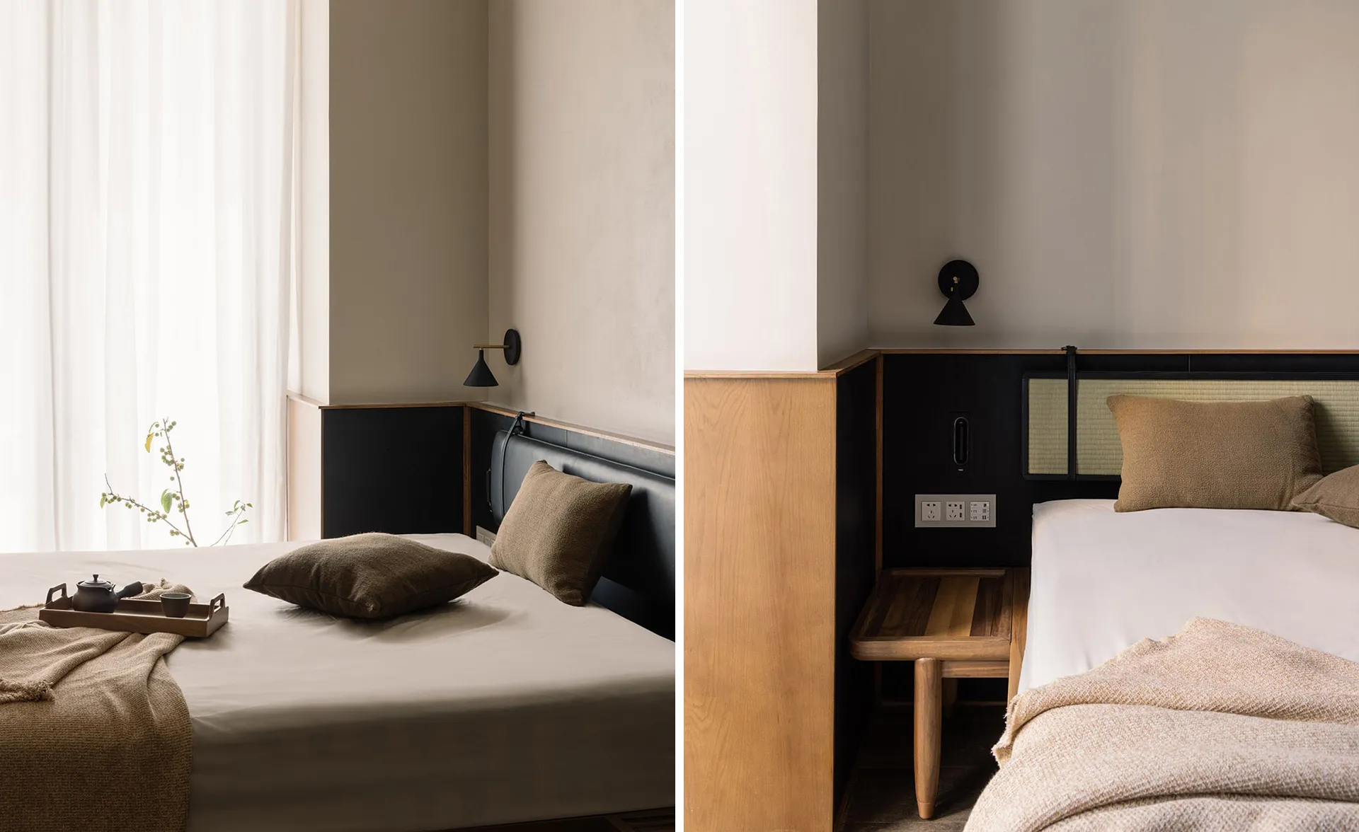 A minimalist bedroom featuring a wooden bed frame with leather and textile bedding, minimalistic decor, and natural lighting