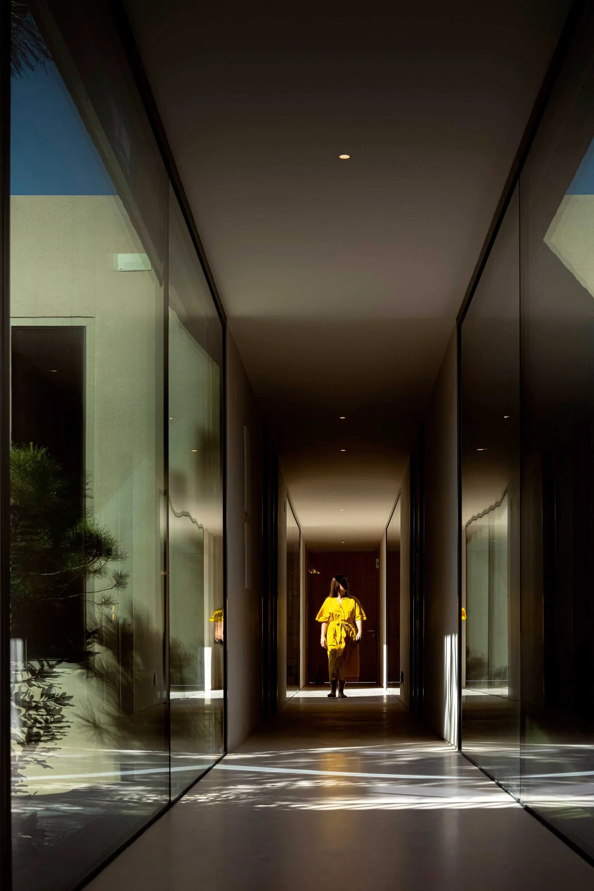 A minimalist corridor with glass walls reflects sunlight, creating a serene ambiance.