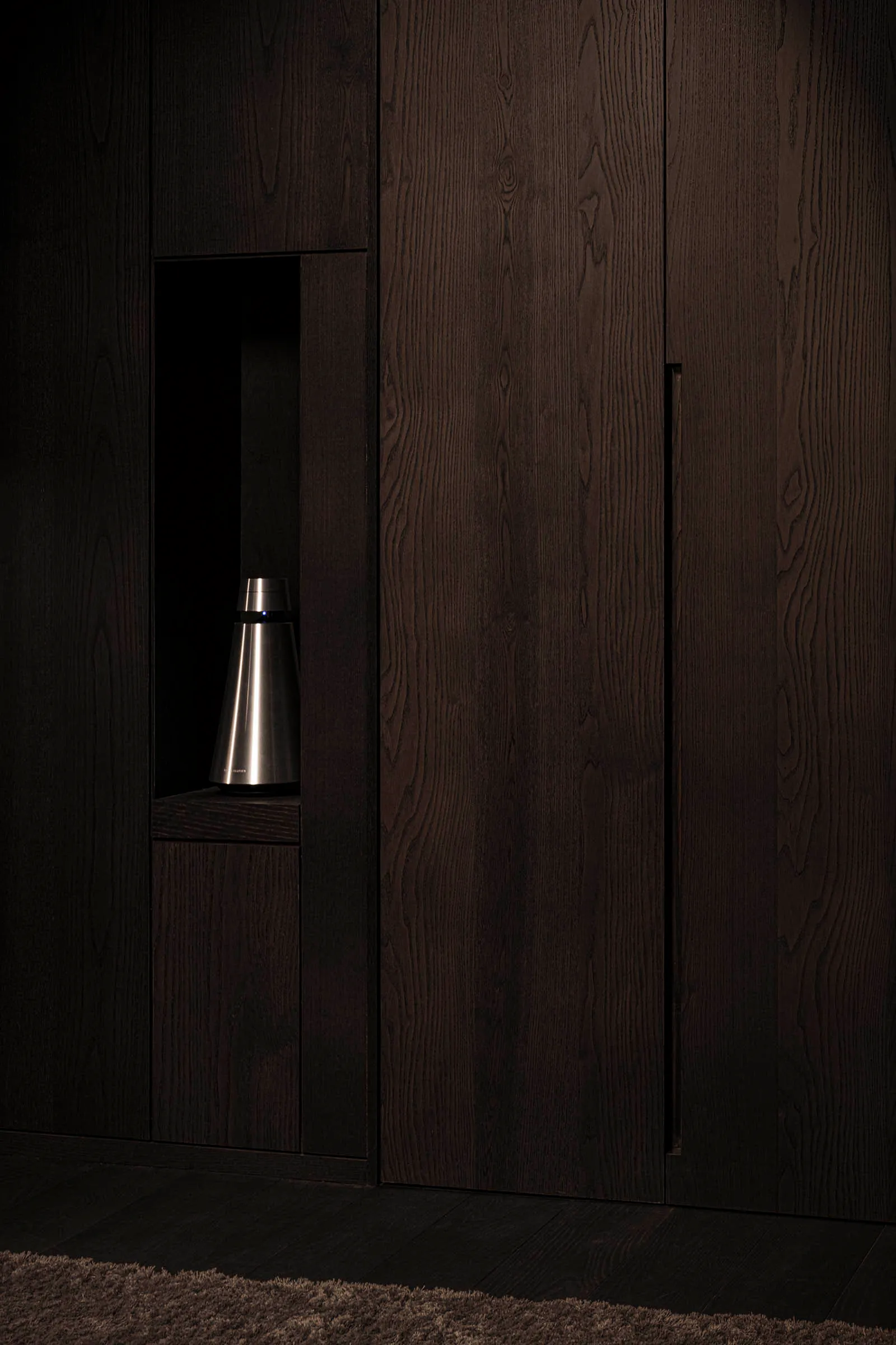 Modern closet with dark wooden panels and built-in storage