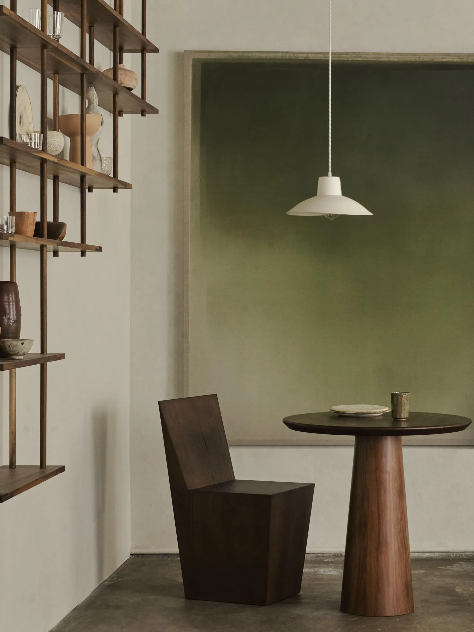 Modern furniture setting featuring wooden elements and geometric shapes.