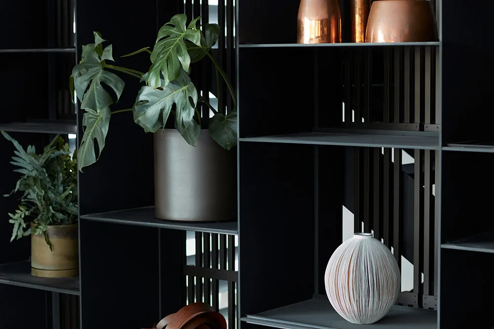 Modern minimalist interior design featuring a monstera plant in a metallic planter.