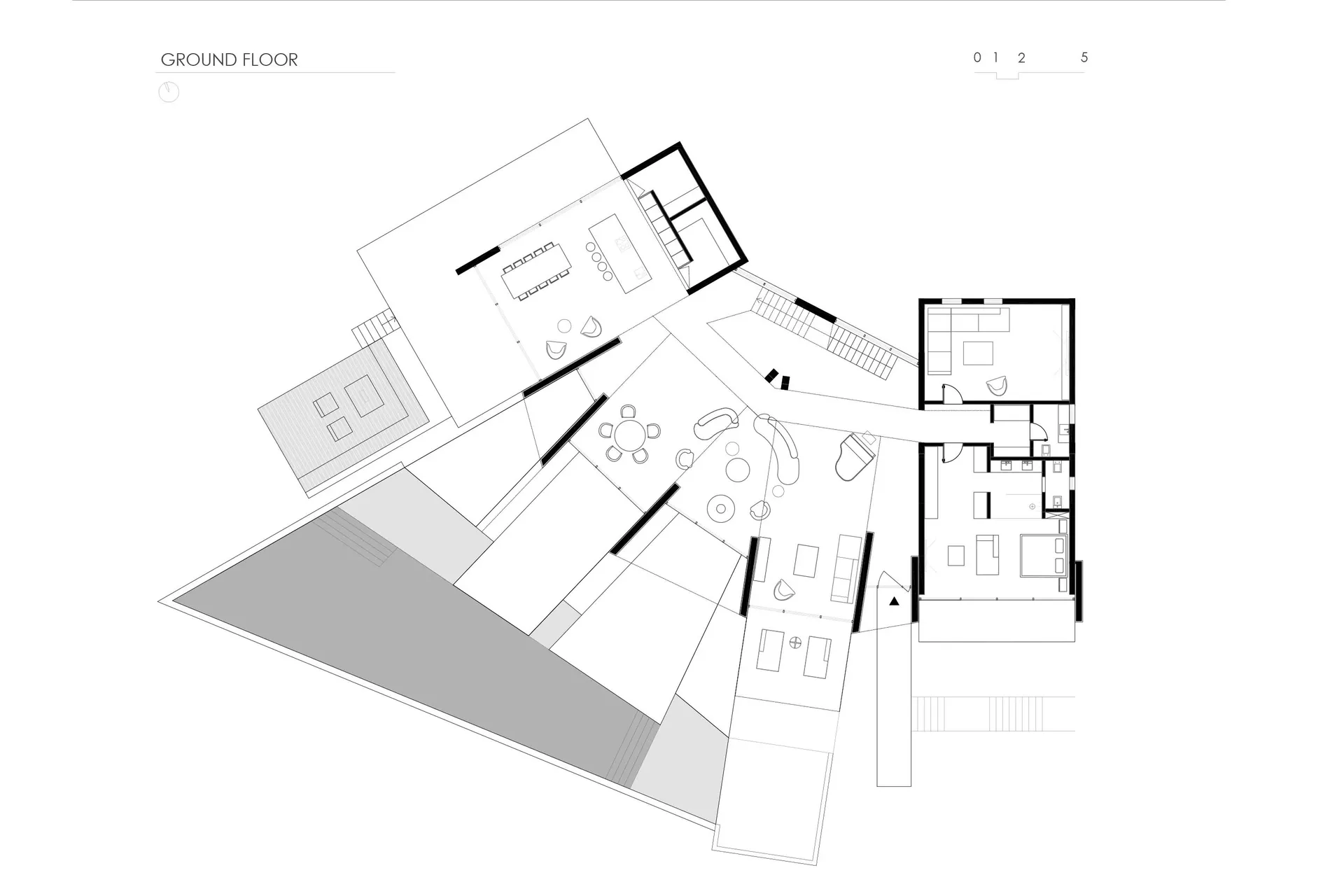 A detailed architectural drawing of a modern residential floor plan featuring wooden materials.