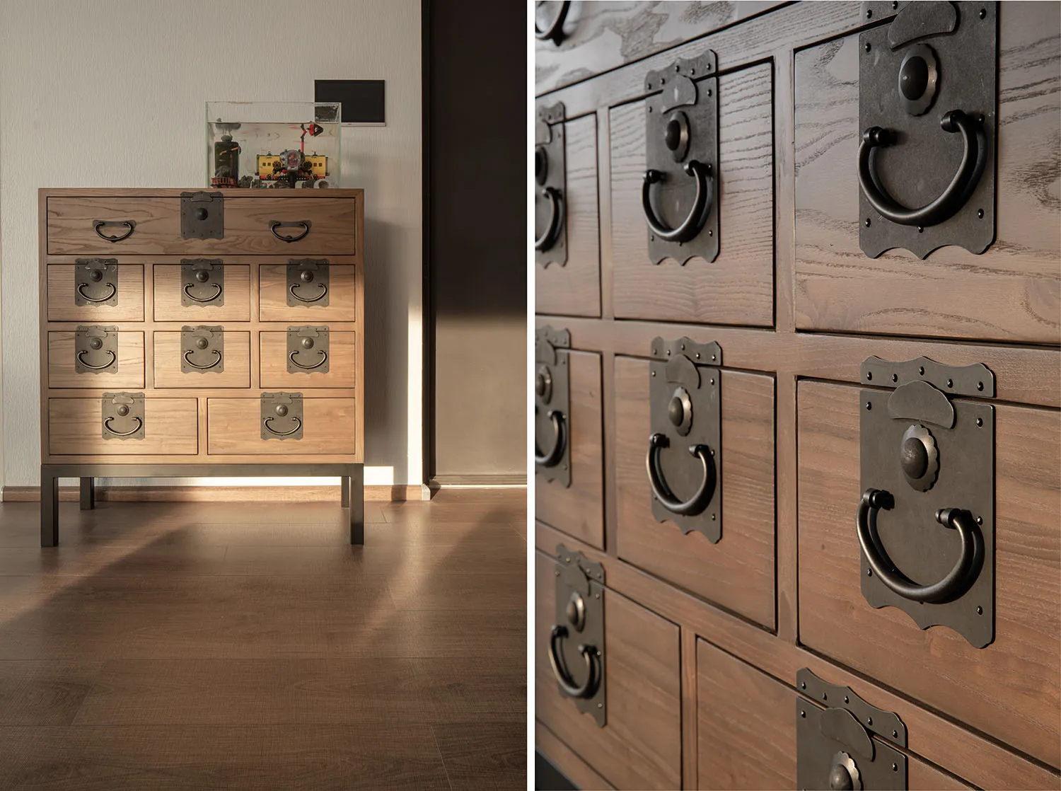 Detail of traditional wooden furniture with metal accents.