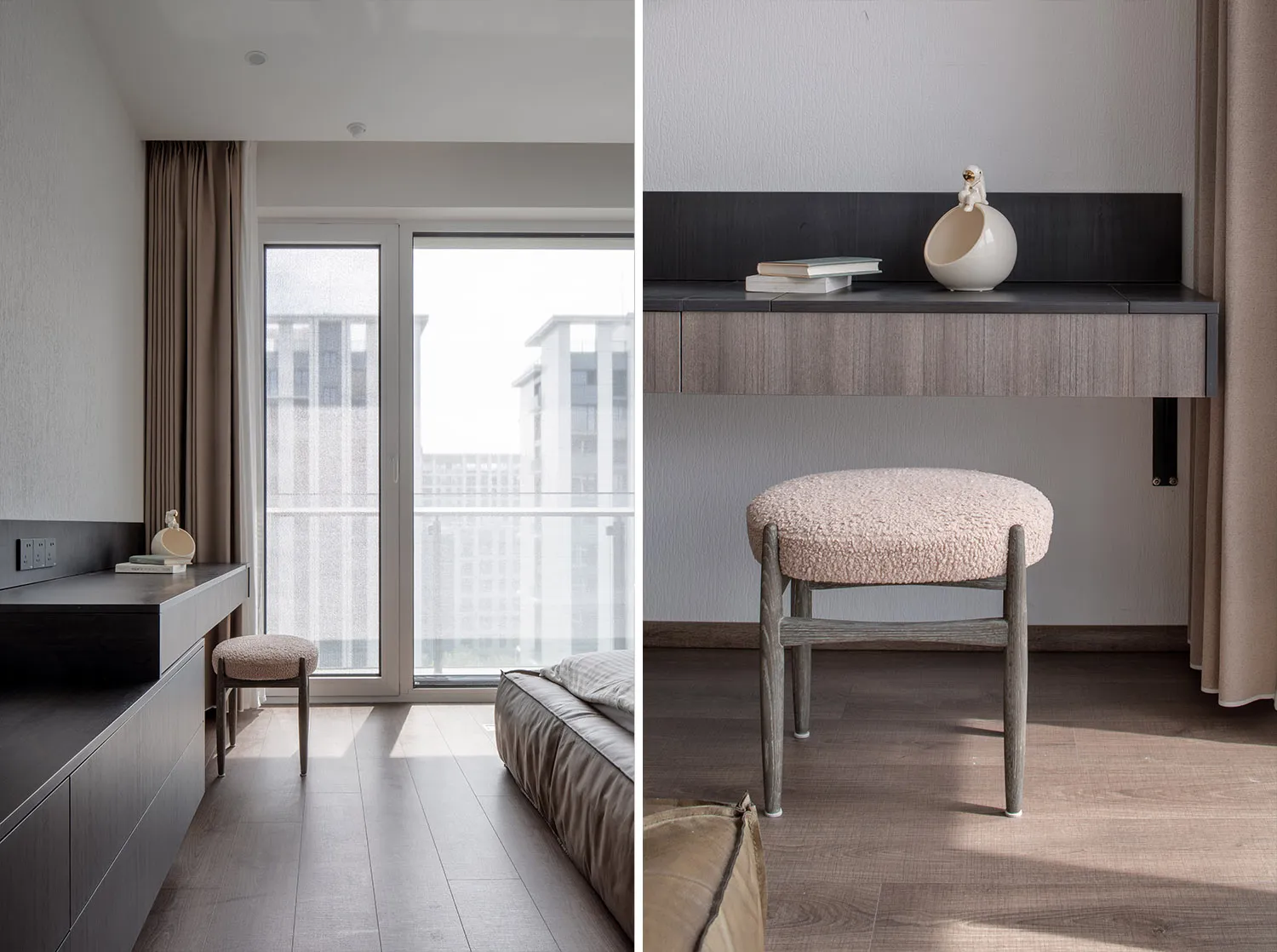 Modern bedroom with concrete flooring, minimalist design, and wooden furniture.