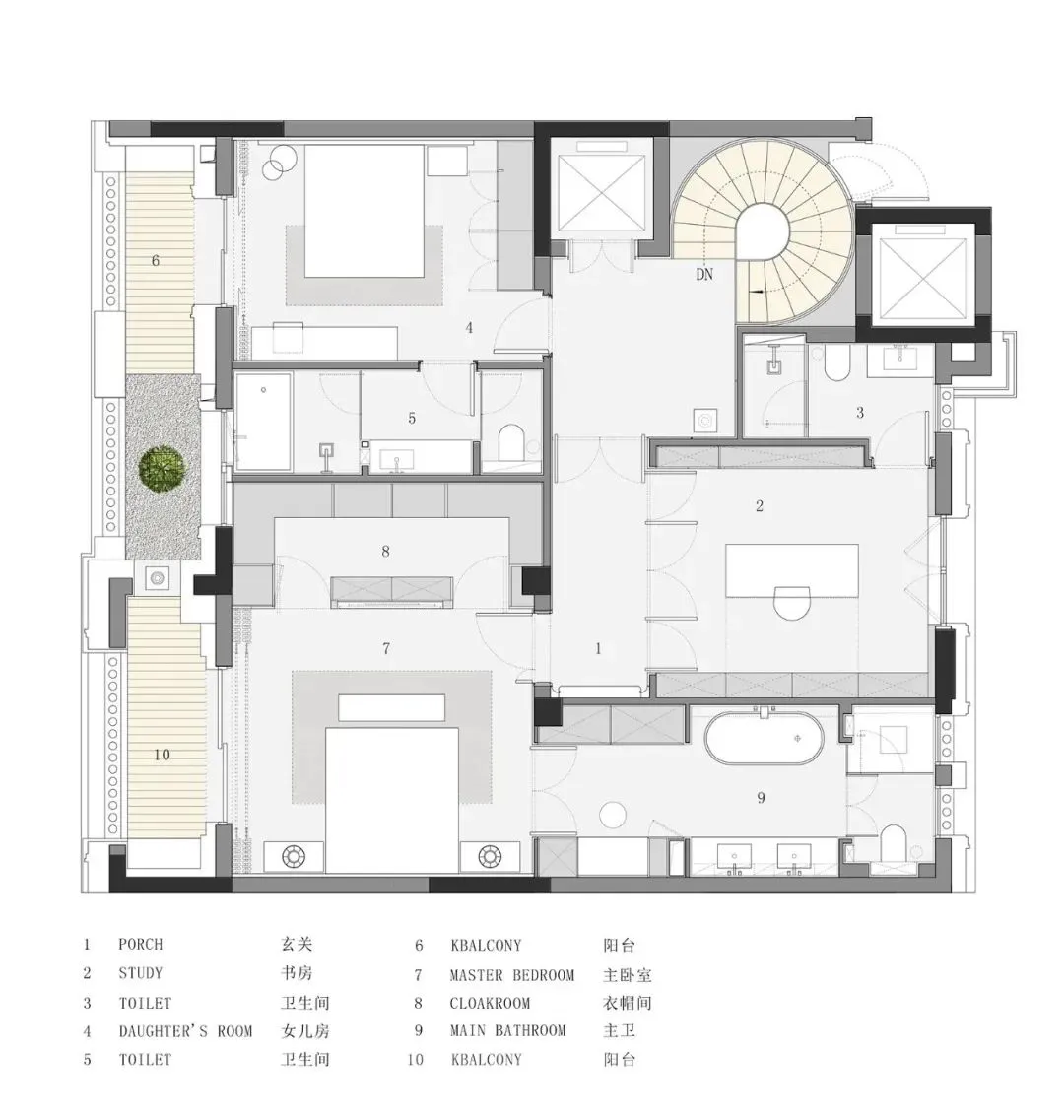 A modern floor plan with white, grey, and black elements, showing a house with multiple rooms and bathrooms.
