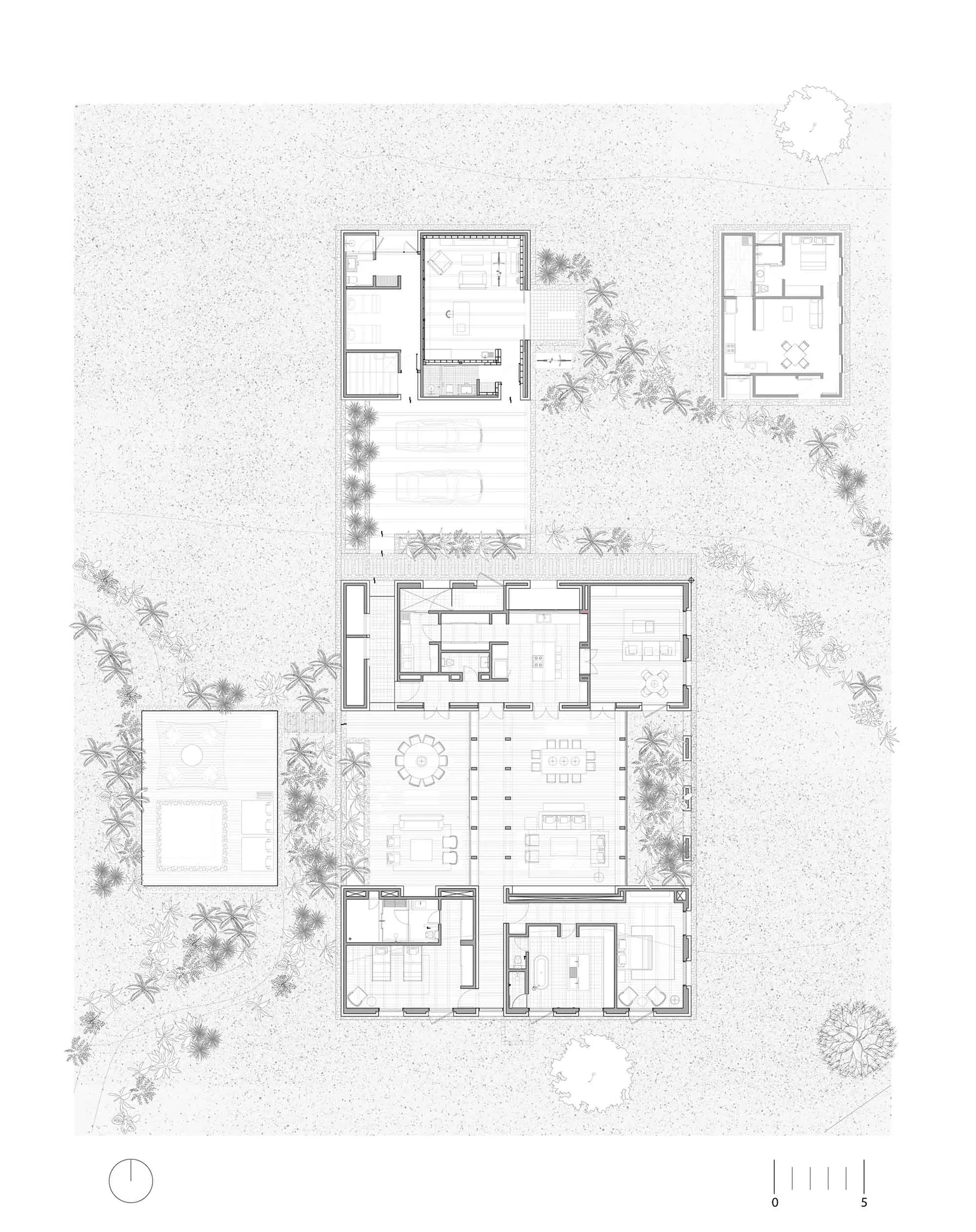 A detailed 2D architectural drawing of a modern house's floor layout, including rooms, amenities, and exterior features.
