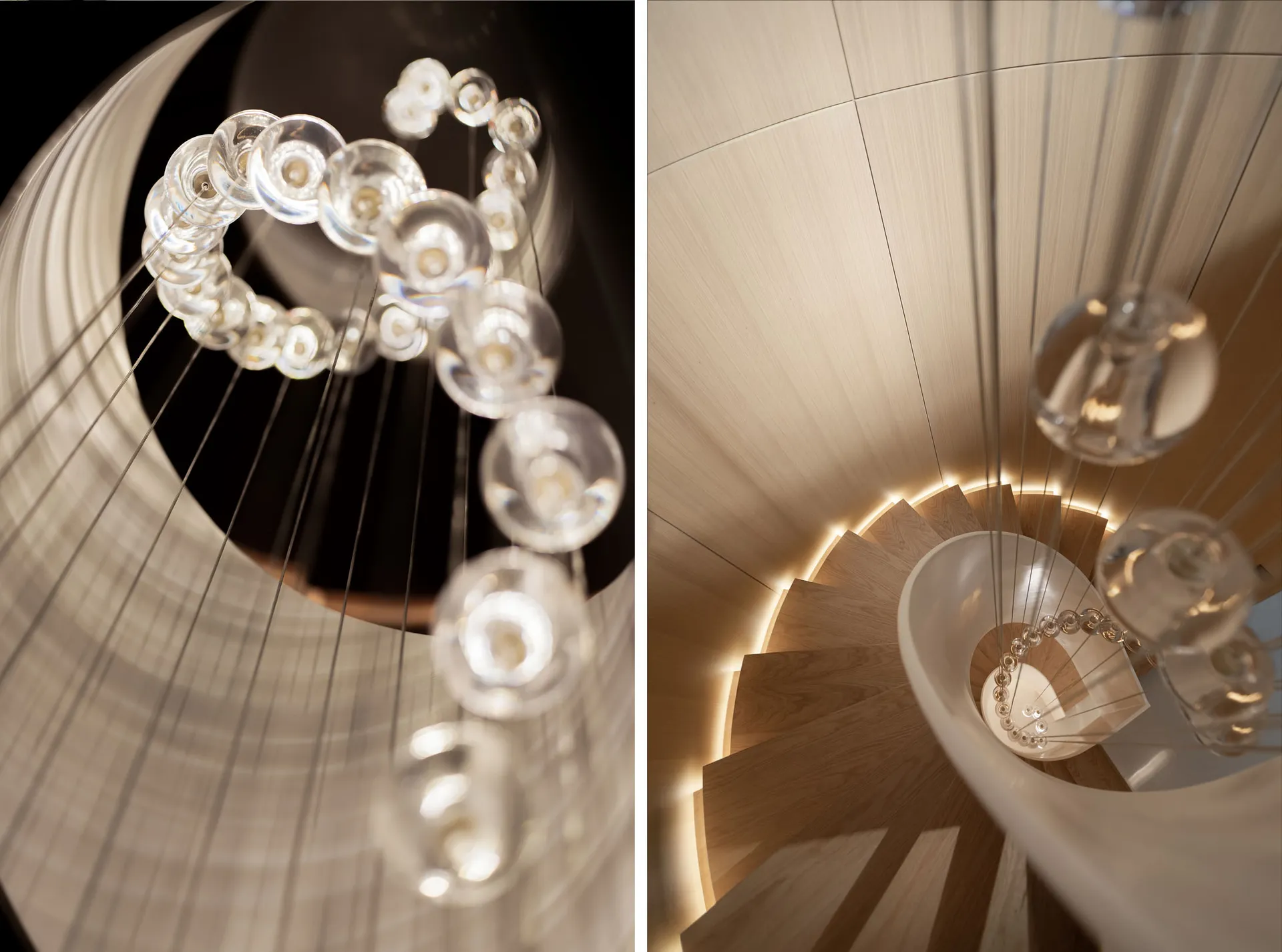 Glass chandelier hanging from a spiral staircase