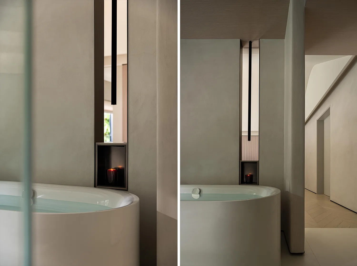 Modern bathroom featuring a sleek, minimalist design with porcelain fixtures, including a bathtub and a built-in shelf.