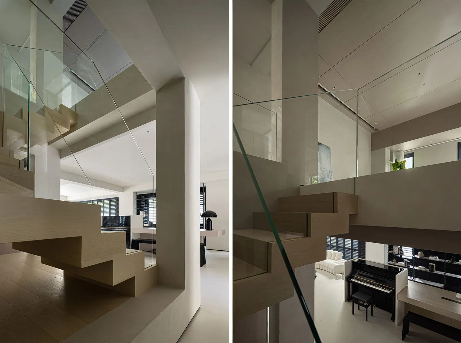 Modern interior design featuring glass and wood elements.