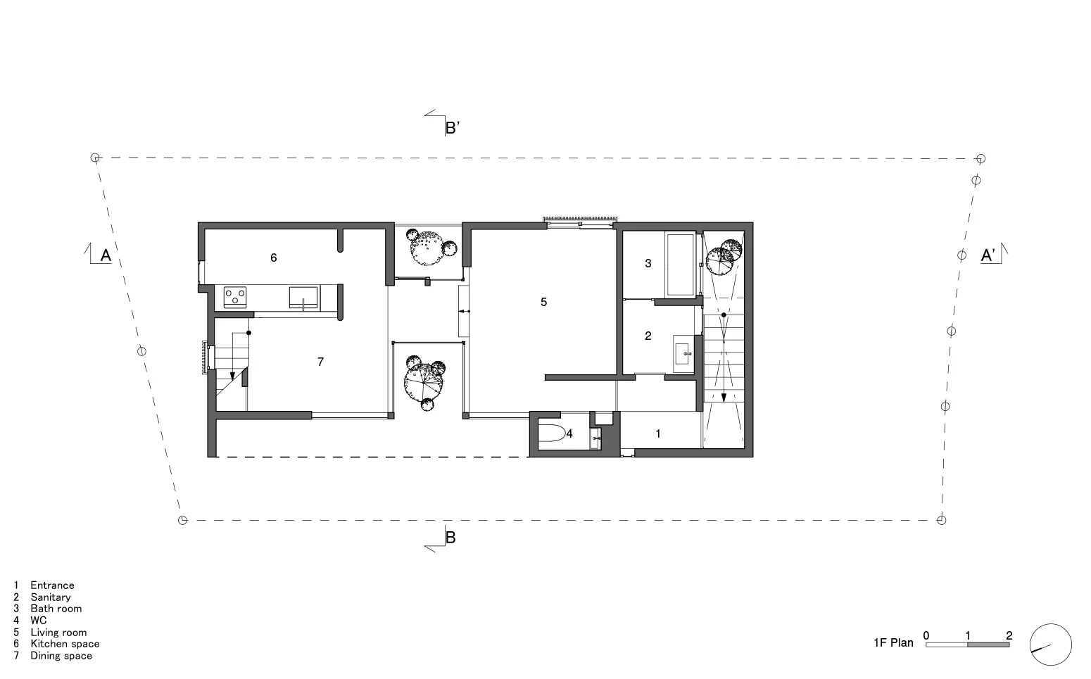 一張黑白現代住宅建築平面圖,顯示標示為入口、衛浴、浴室的房間