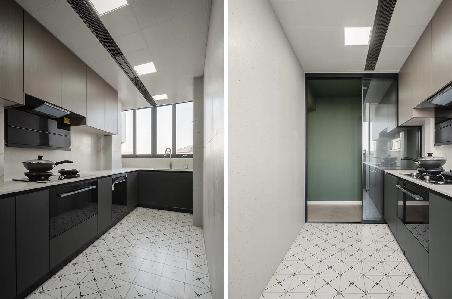 A modern, minimalist kitchen with white marble countertops, stainless steel appliances, and glass cabinets.