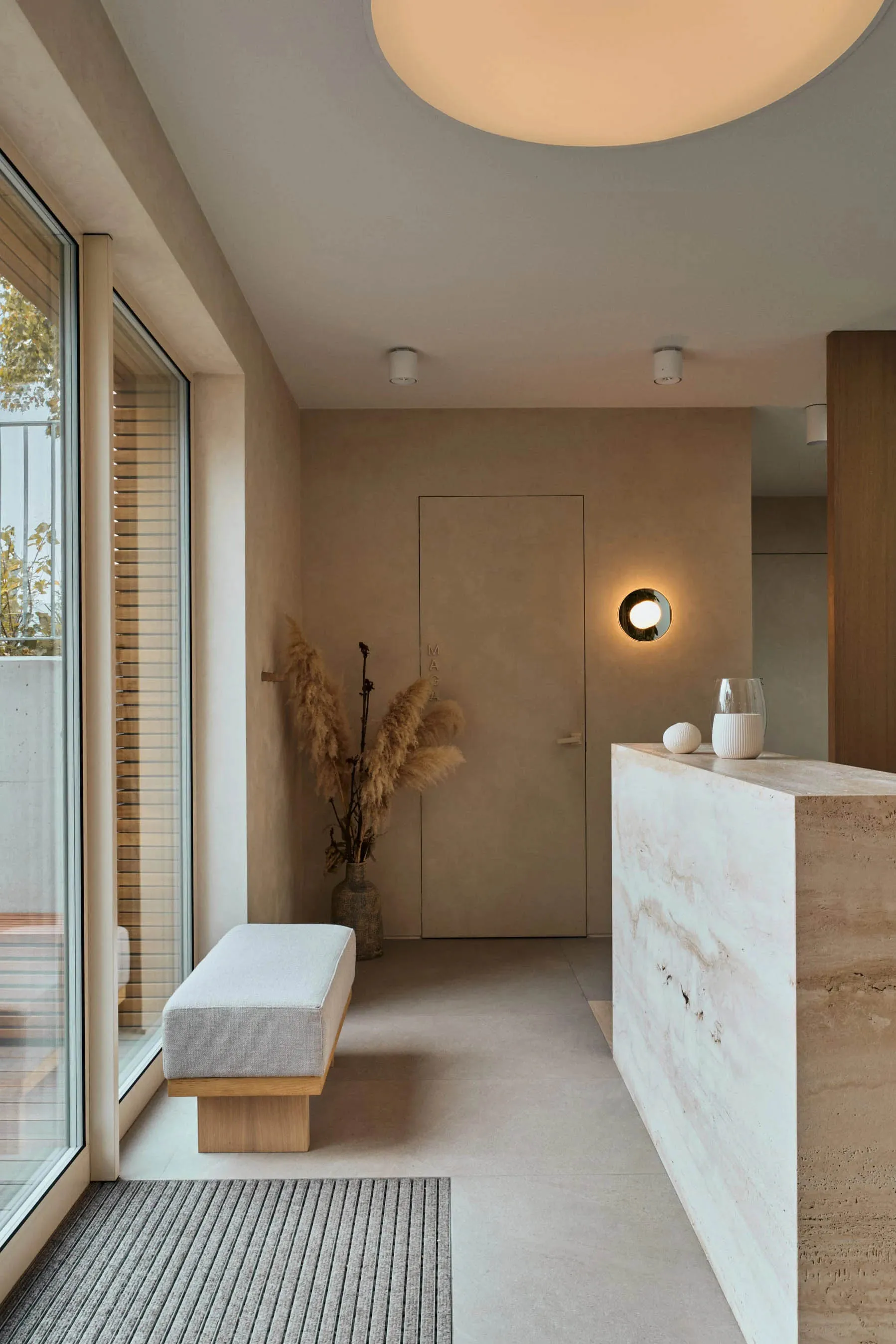 A modern minimalist entryway features a concrete wall with a small plant and a limited color palette.