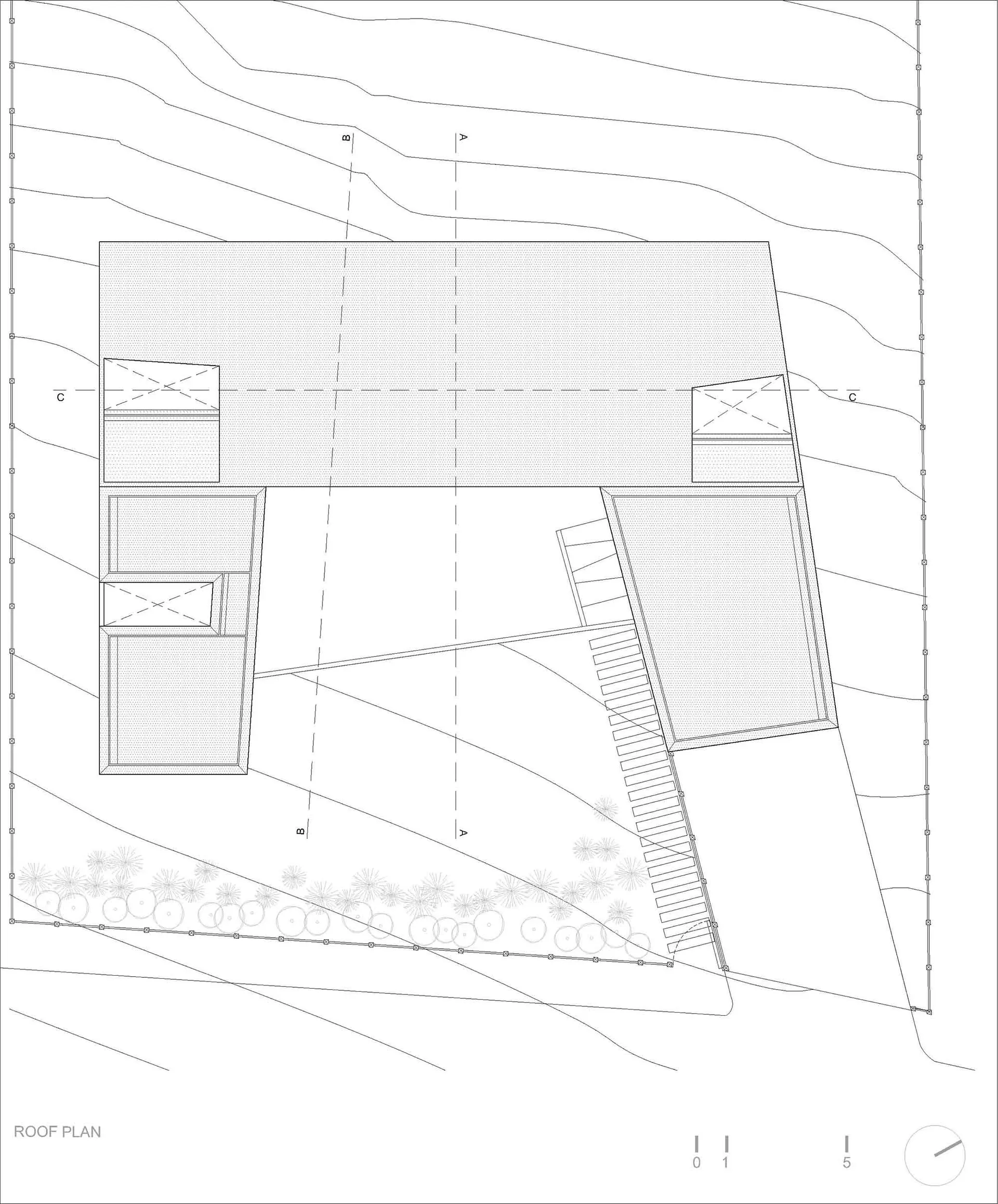 Simplified architectural floor plan of a modern building with a roof covered in dotted patterns.