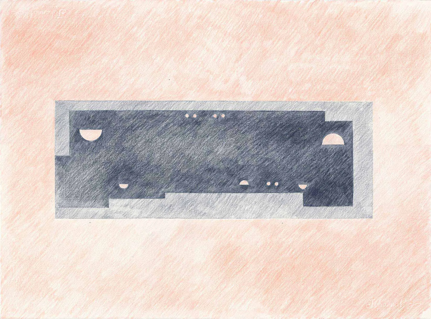 極簡風格的室內空間手繪圖,呈現在帶有紋理的紙張上