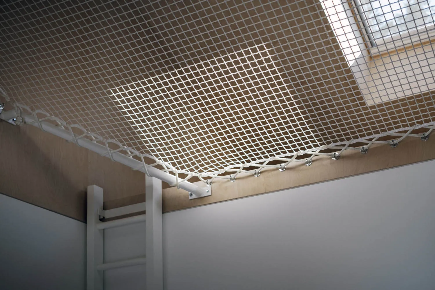 White rope grid ceiling design rendered in 3D perspective