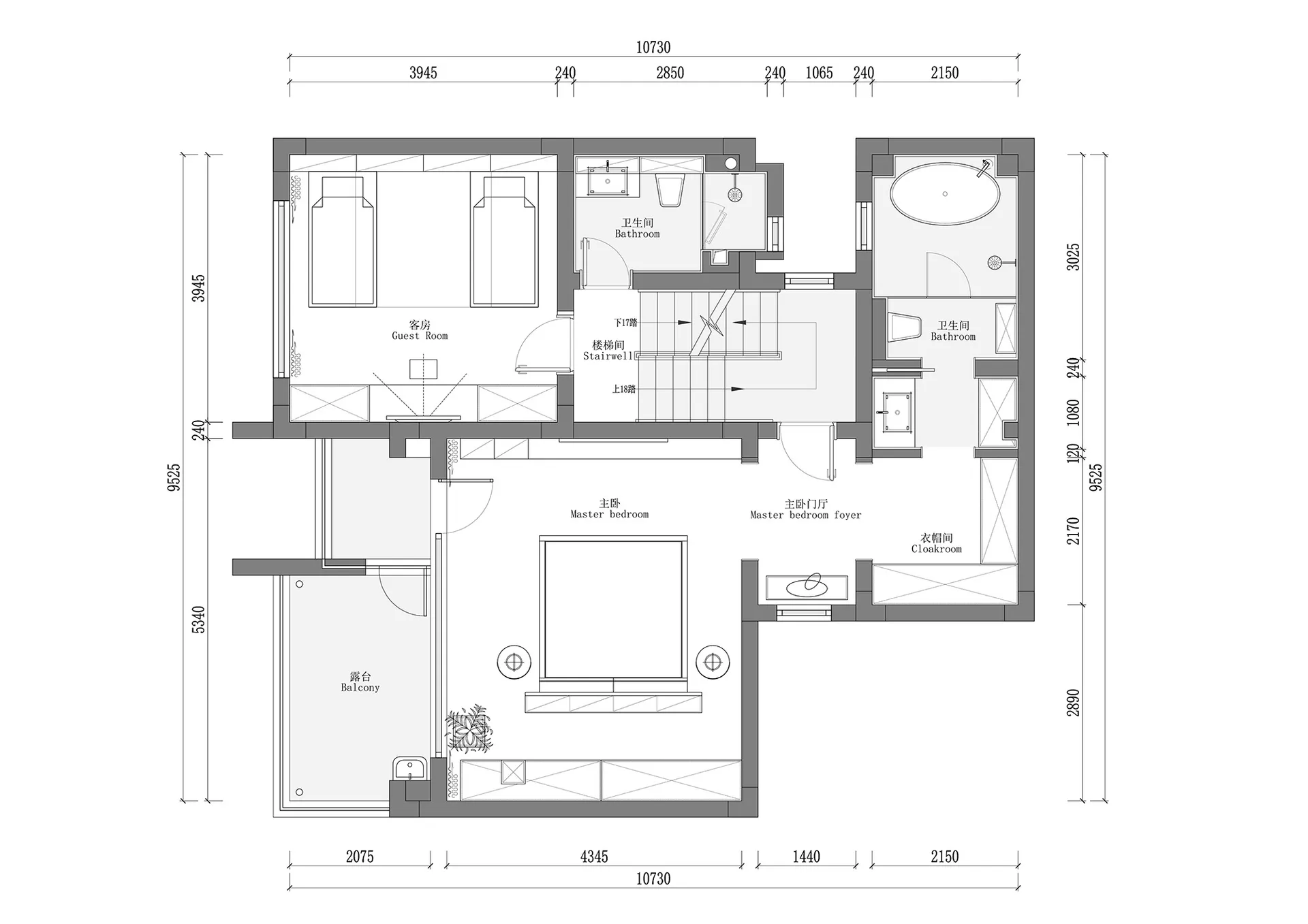 A detailed 2D architectural drawing of a modern floor plan showcasing contemporary design elements.