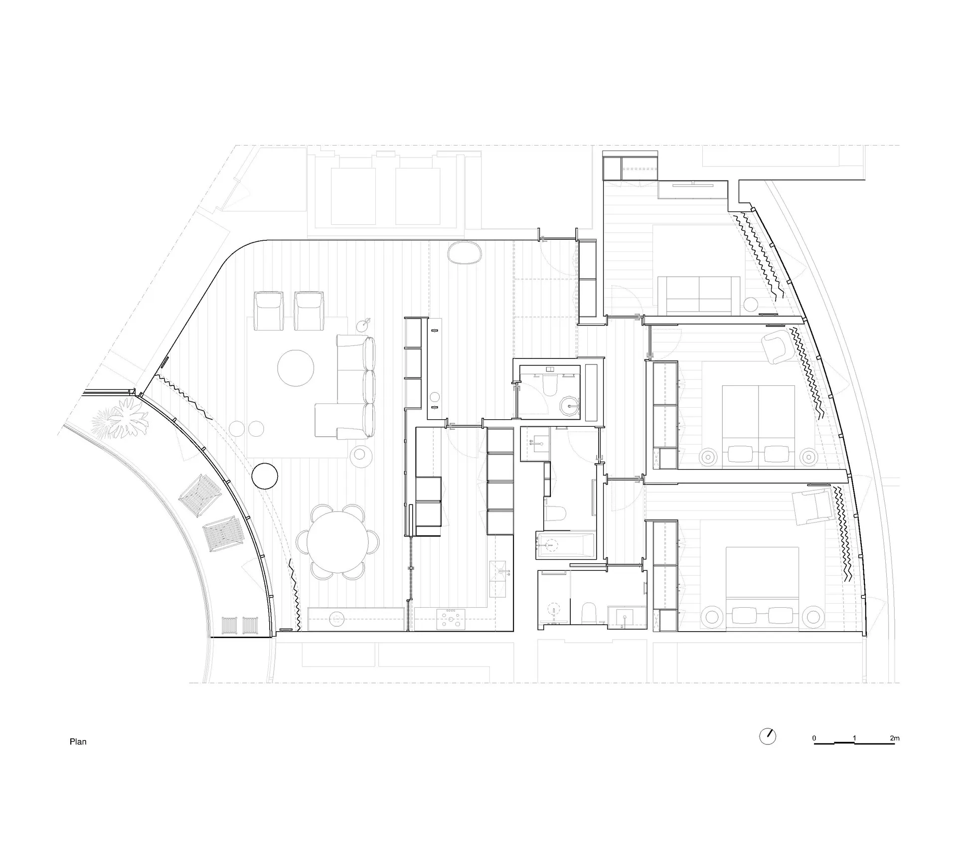 現代住宅空間的平面圖，採用混合材質與開放式格局。