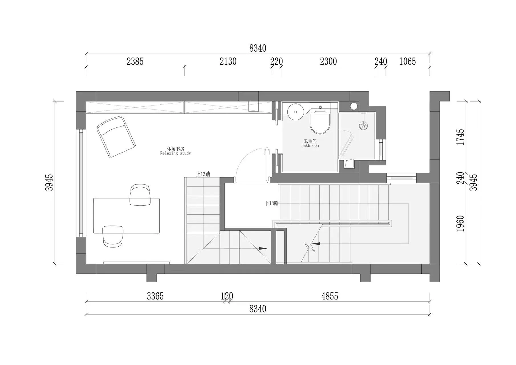 Modern staircase layout with dimensions.