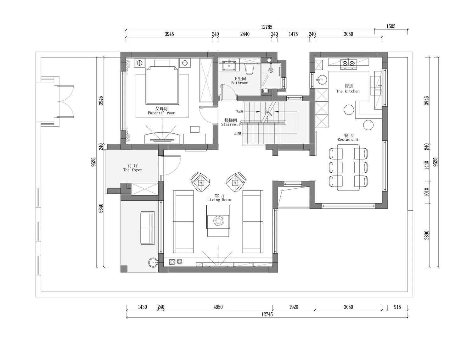 黑白2D建築圖，呈現現代聯排別墅的平面配置。