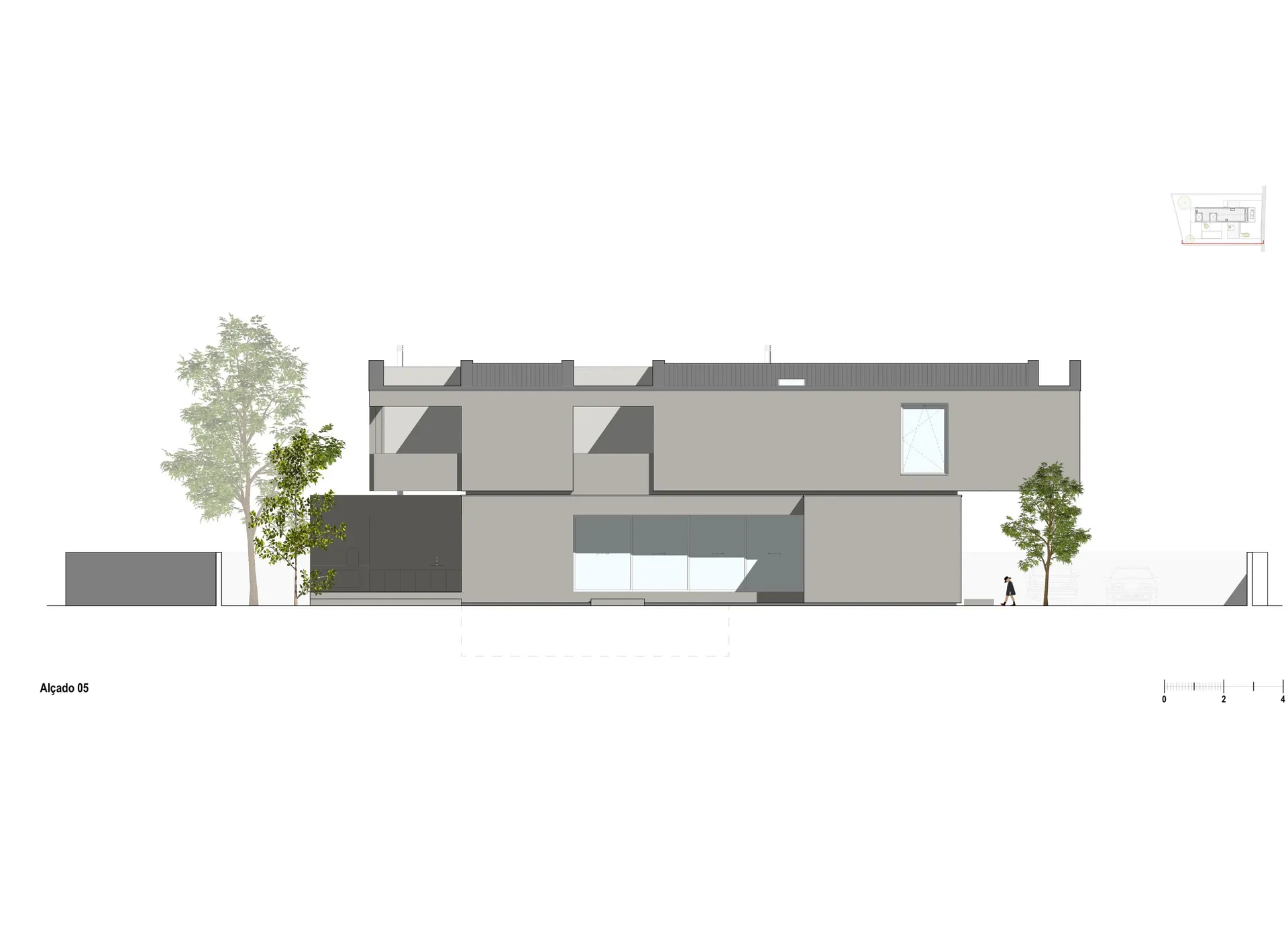A modern house with concrete and glass exterior materials.