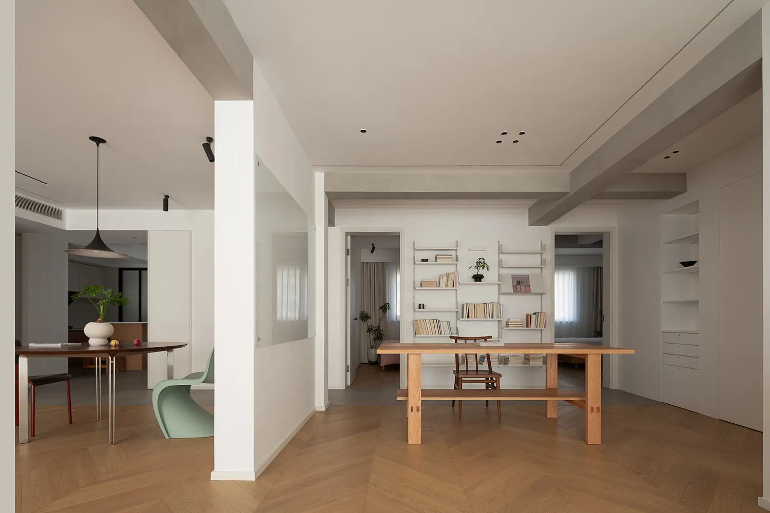 modern residential interior with wood and concrete elements and ambient lighting fixtures