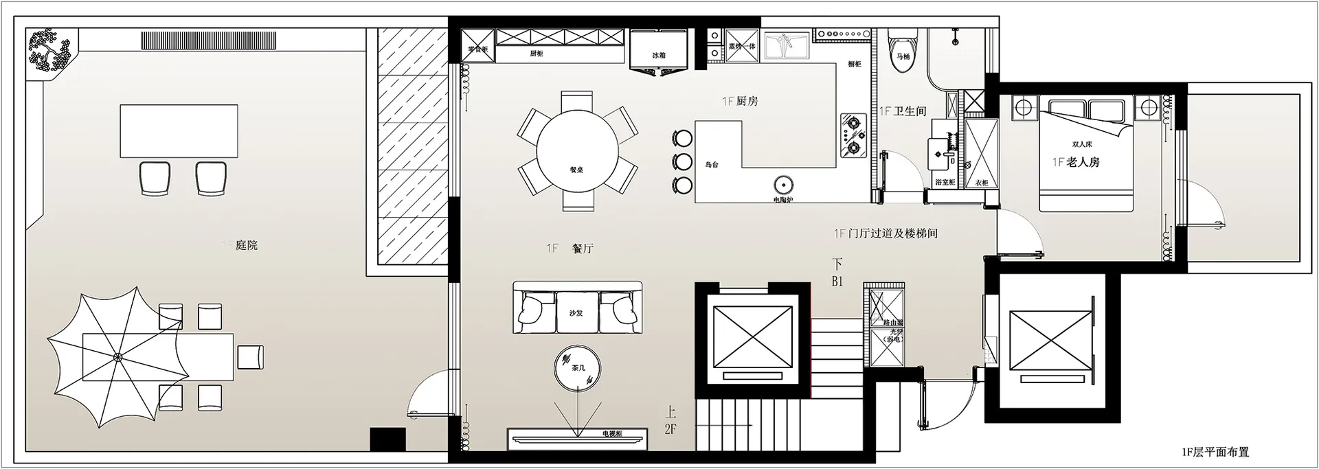 modern residential interior layout with kitchen, living room, and bedroom