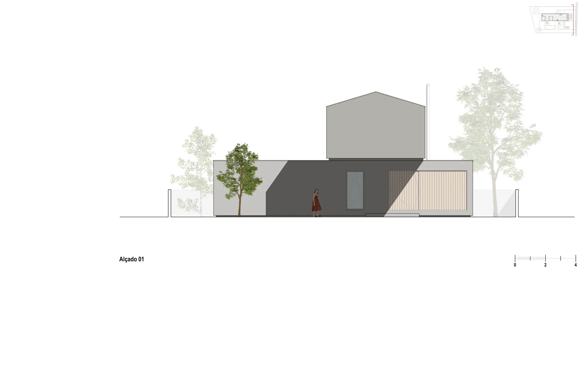 Modern exterior concrete house rendered perspective view with minimalist design and small trees surrounding.