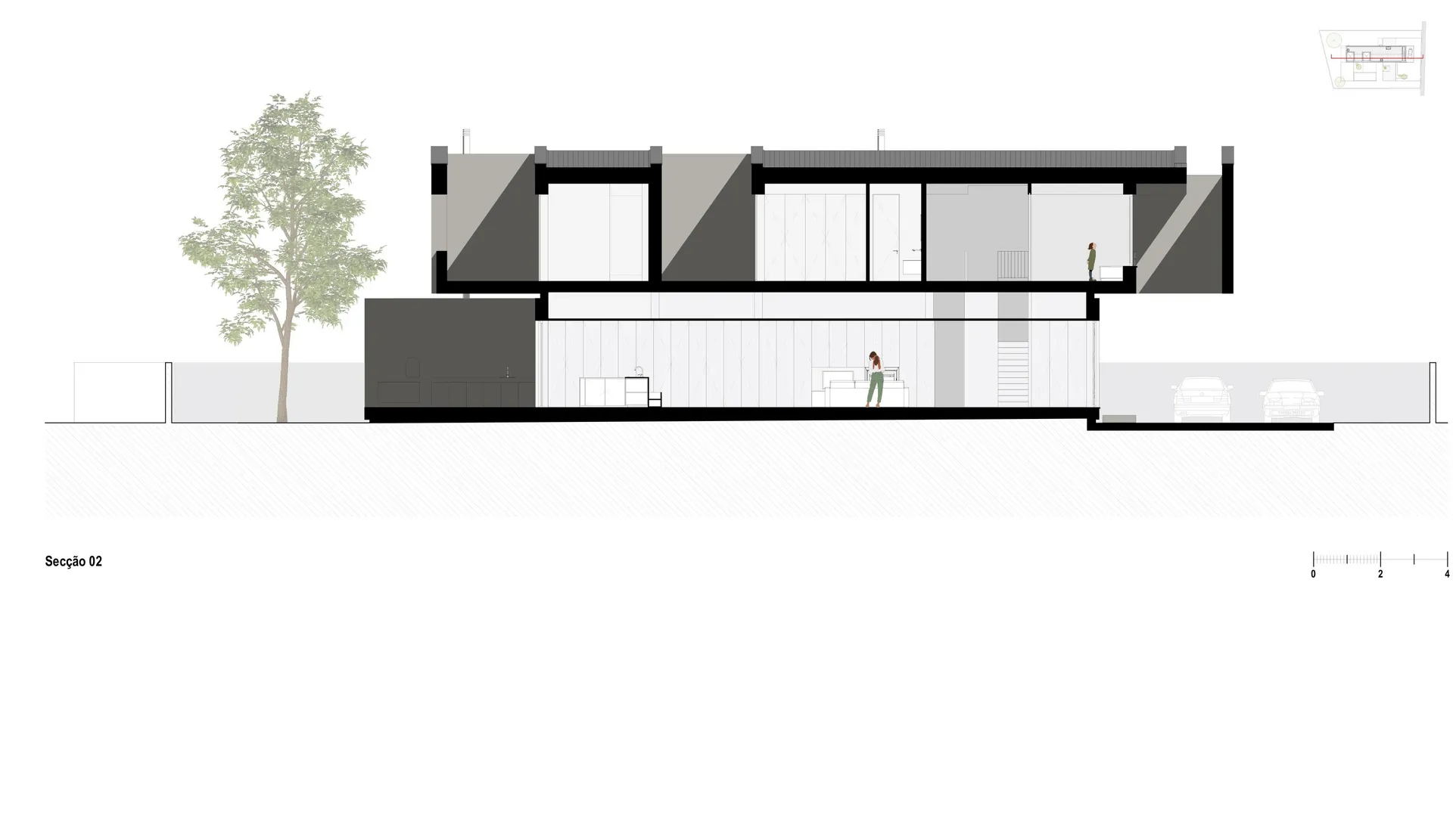 Sectional view of a modern interior with glass walls and a minimalist design.