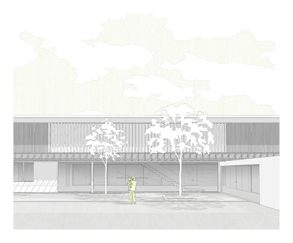 A wireframe architectural rendering depicting modern architectural indicators including facade elements, trees, and a human f