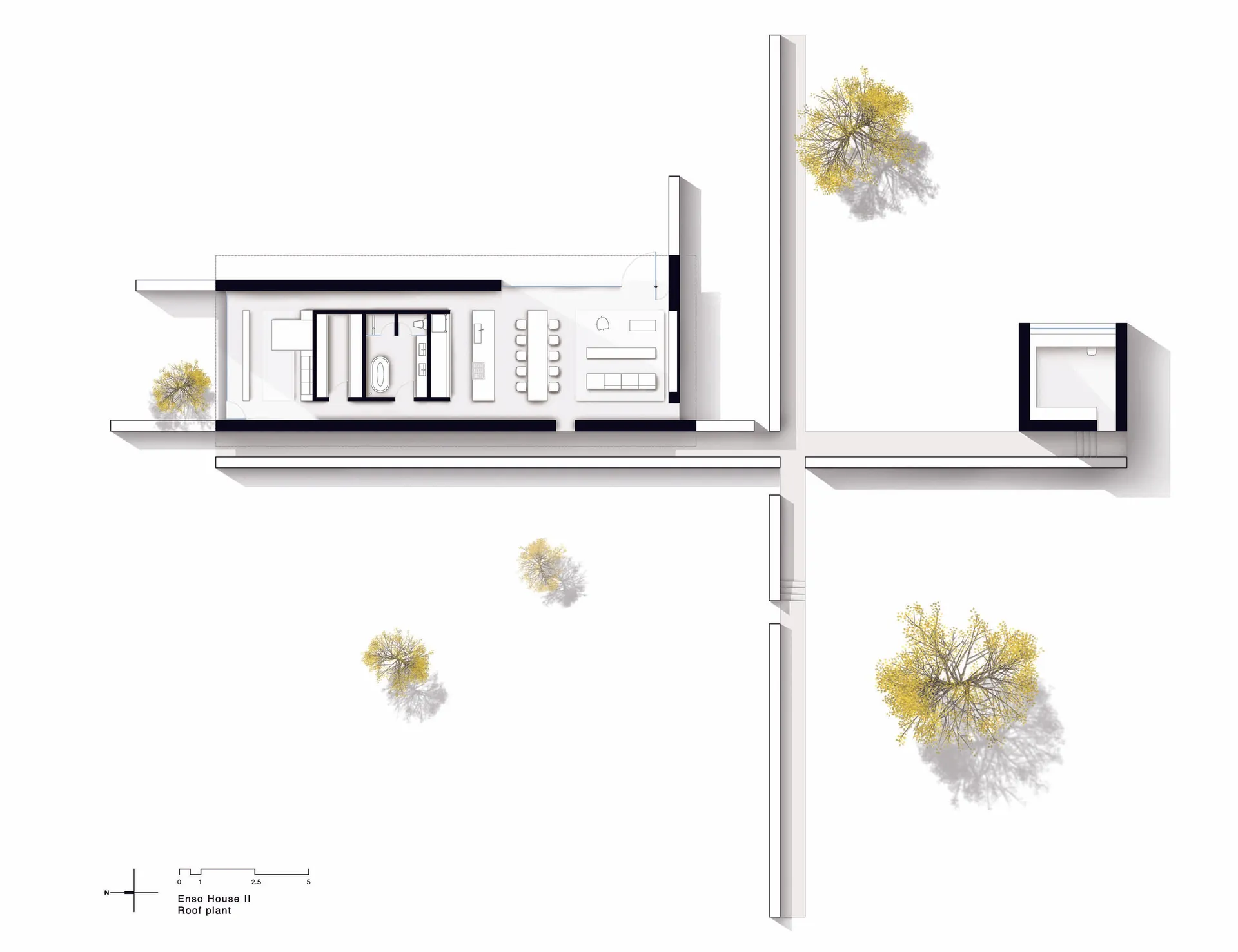 A modern roof plan depicting a house with glass walls and a minimalist design.