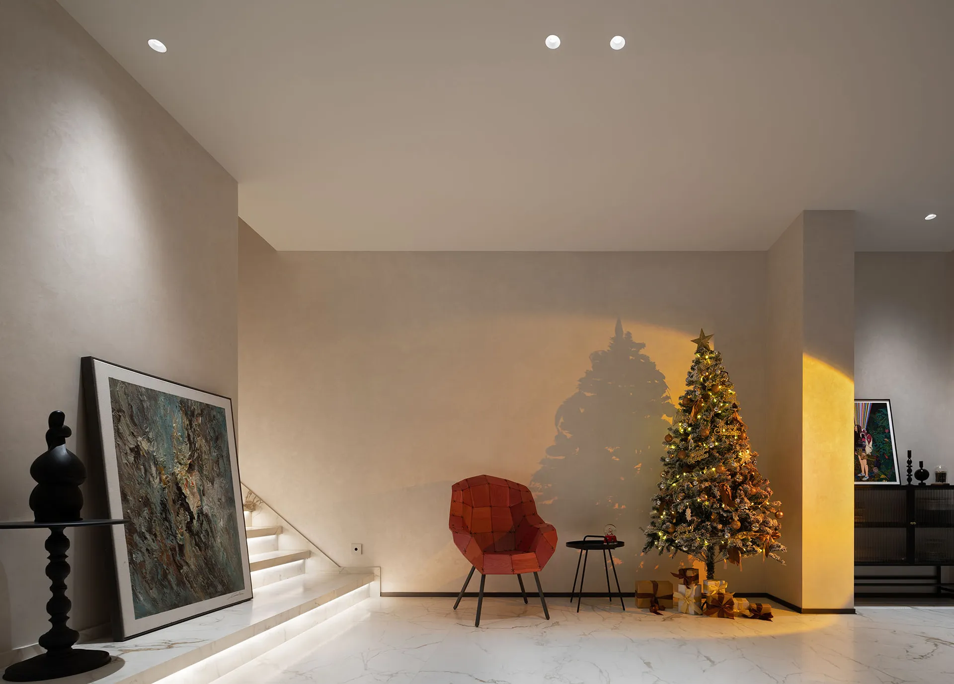 Christmas tree adorned with lights, ornaments, and gifts in a cozy interior setting.