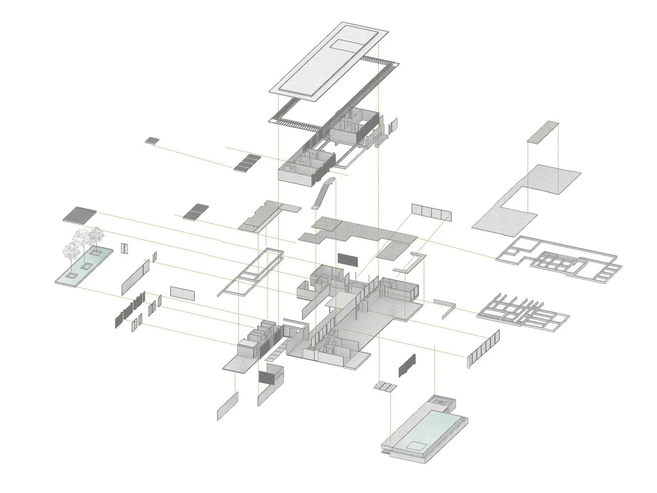 A detailed architectural drawing of a modern building with mixed materials, showing the floor plan layout.