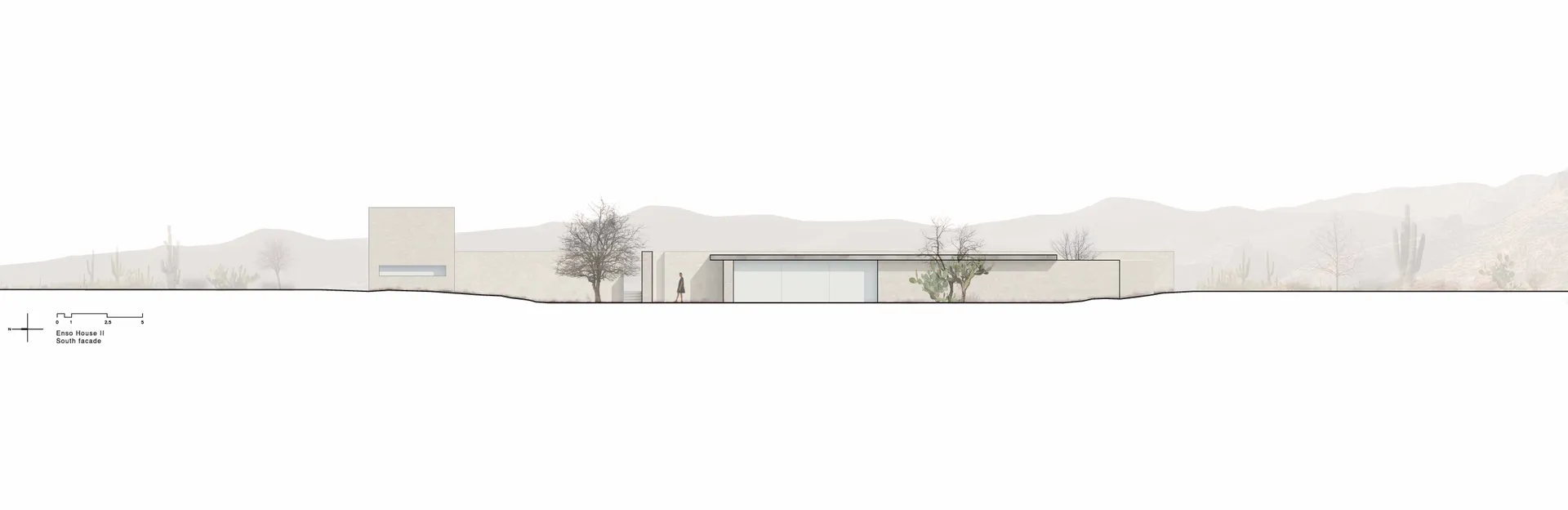 Minimalistic south facade of a concrete home with a desert landscape in the background, featuring a person walking.