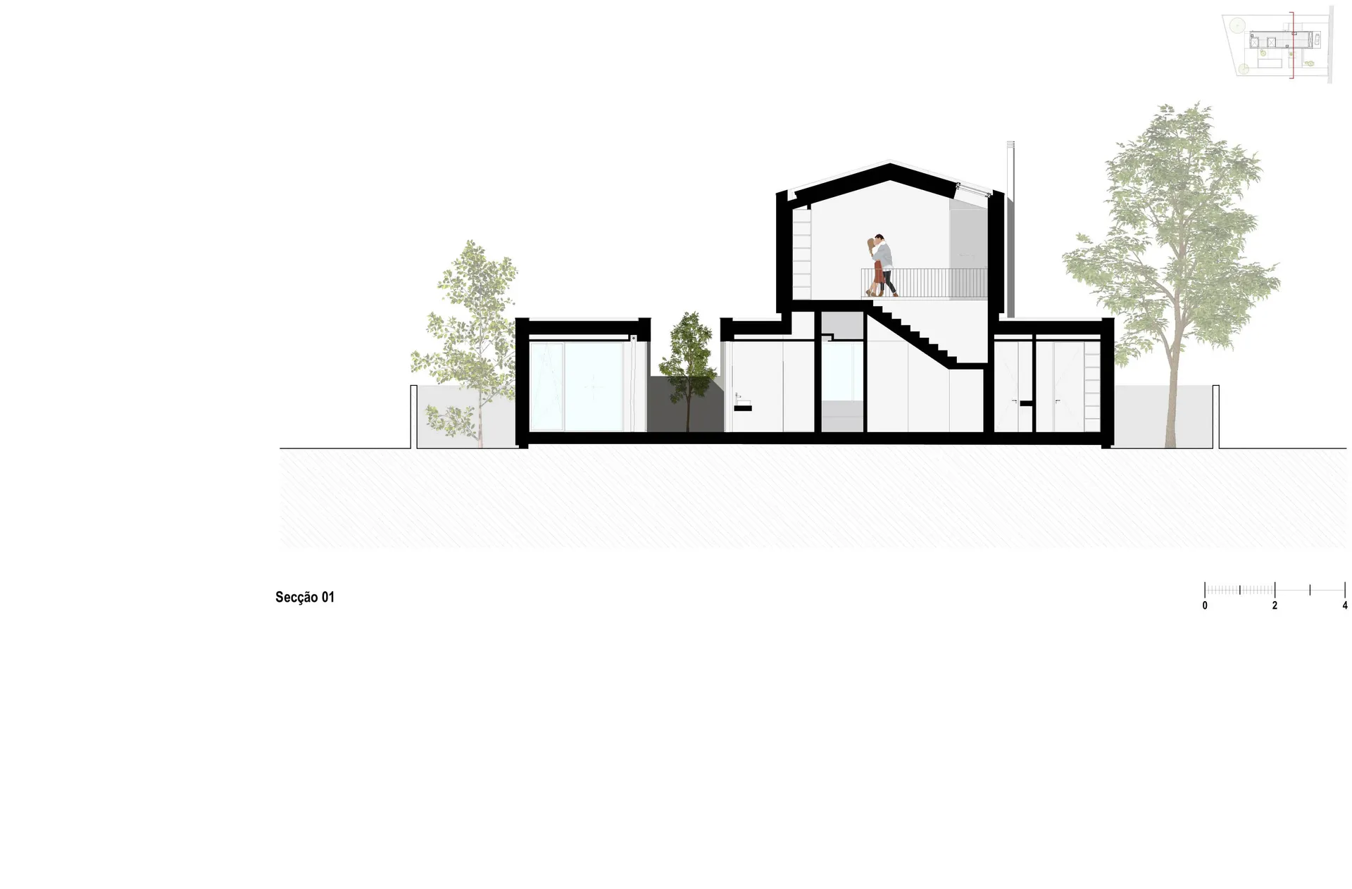 A cross-section view of a modern house showing the second floor layout with a glass staircase and a balcony.