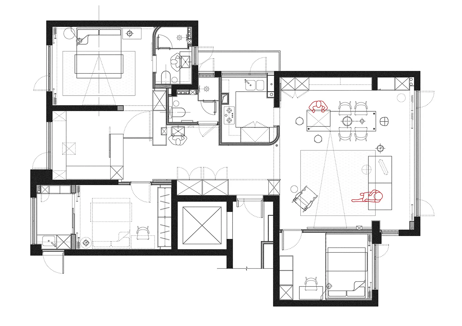 A detailed 2D floor plan of a modern residential interior design.