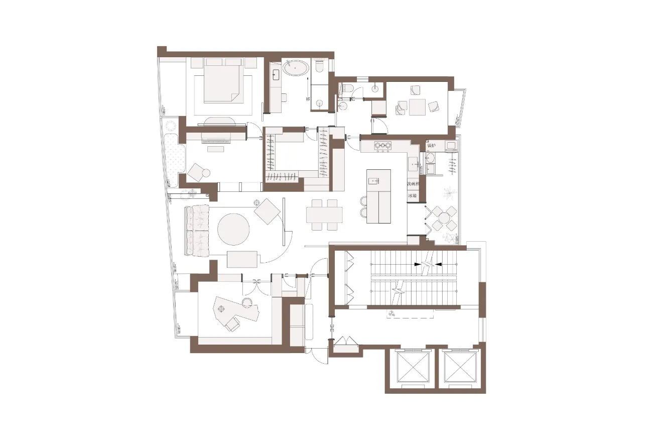 A minimalist residential kitchen floor plan in neutral tones.