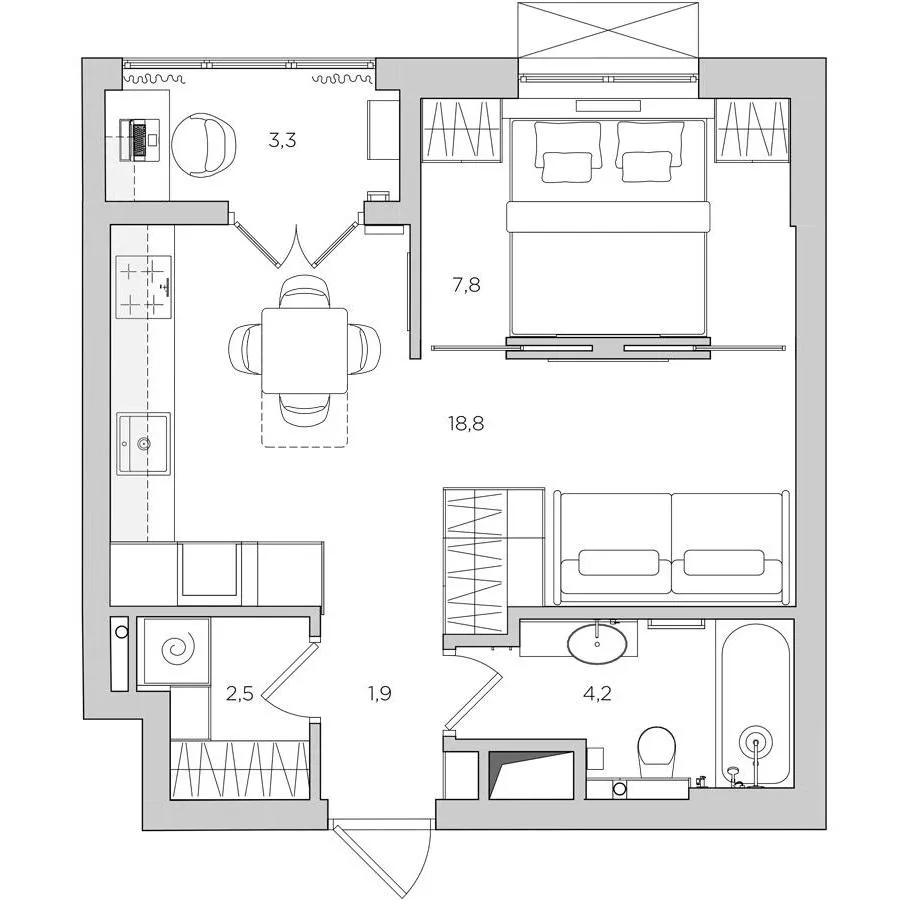 一張現代住宅平面圖,展示一間含客廳兼餐廳區、臥室、廚房和衛浴的單人公寓。
